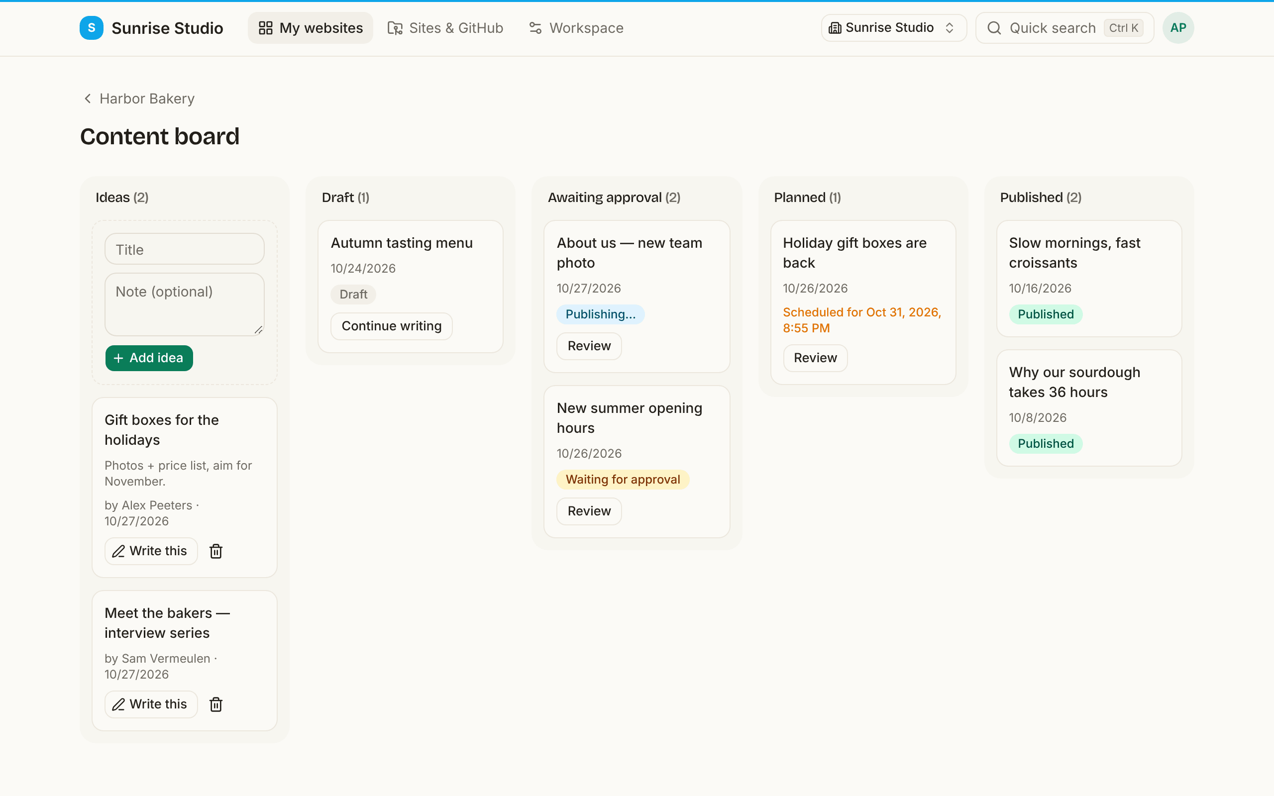 The Content board with five columns: Ideas with a title and note form and an Add idea button, Draft with a Continue writing card, Awaiting approval with cards and Review buttons, Planned with a scheduled change, and Published with two live posts