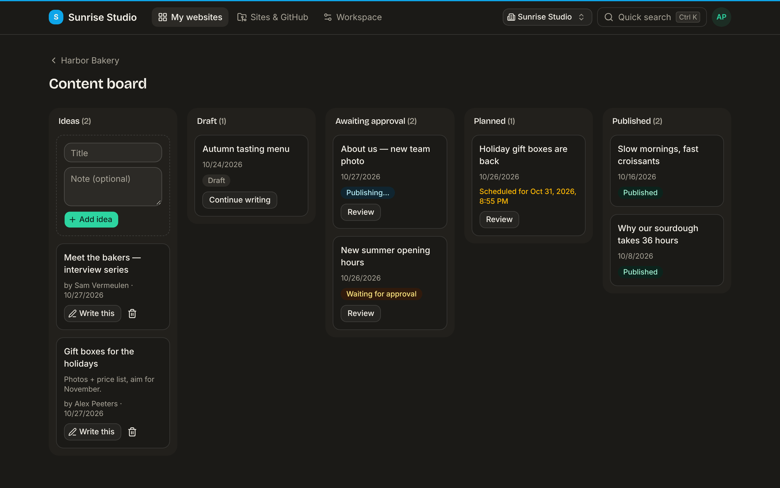 The Content board with five columns: Ideas with a title and note form and an Add idea button, Draft with a Continue writing card, Awaiting approval with cards and Review buttons, Planned with a scheduled change, and Published with two live posts