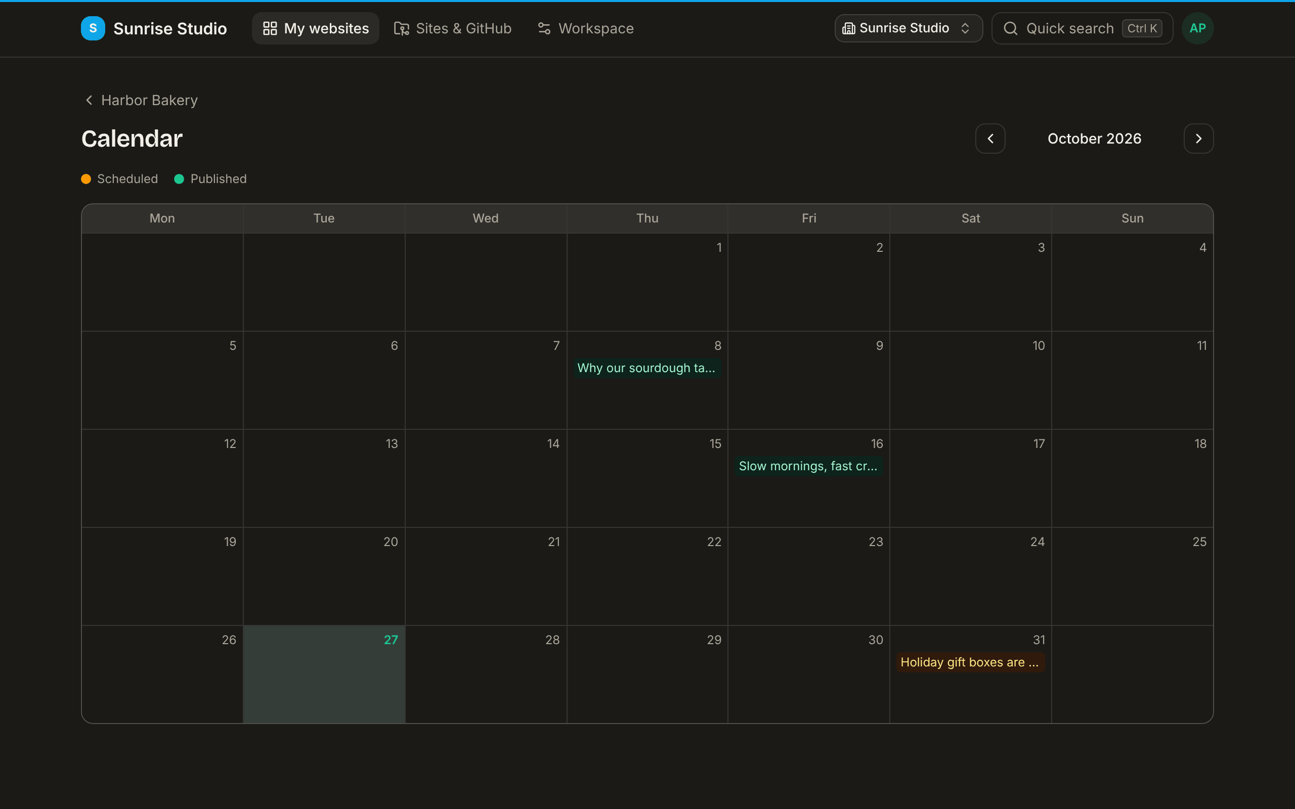 The editorial calendar for the current month: published posts shown as green chips on the days they went live, a scheduled post as an amber chip on its future publish day, and today highlighted
