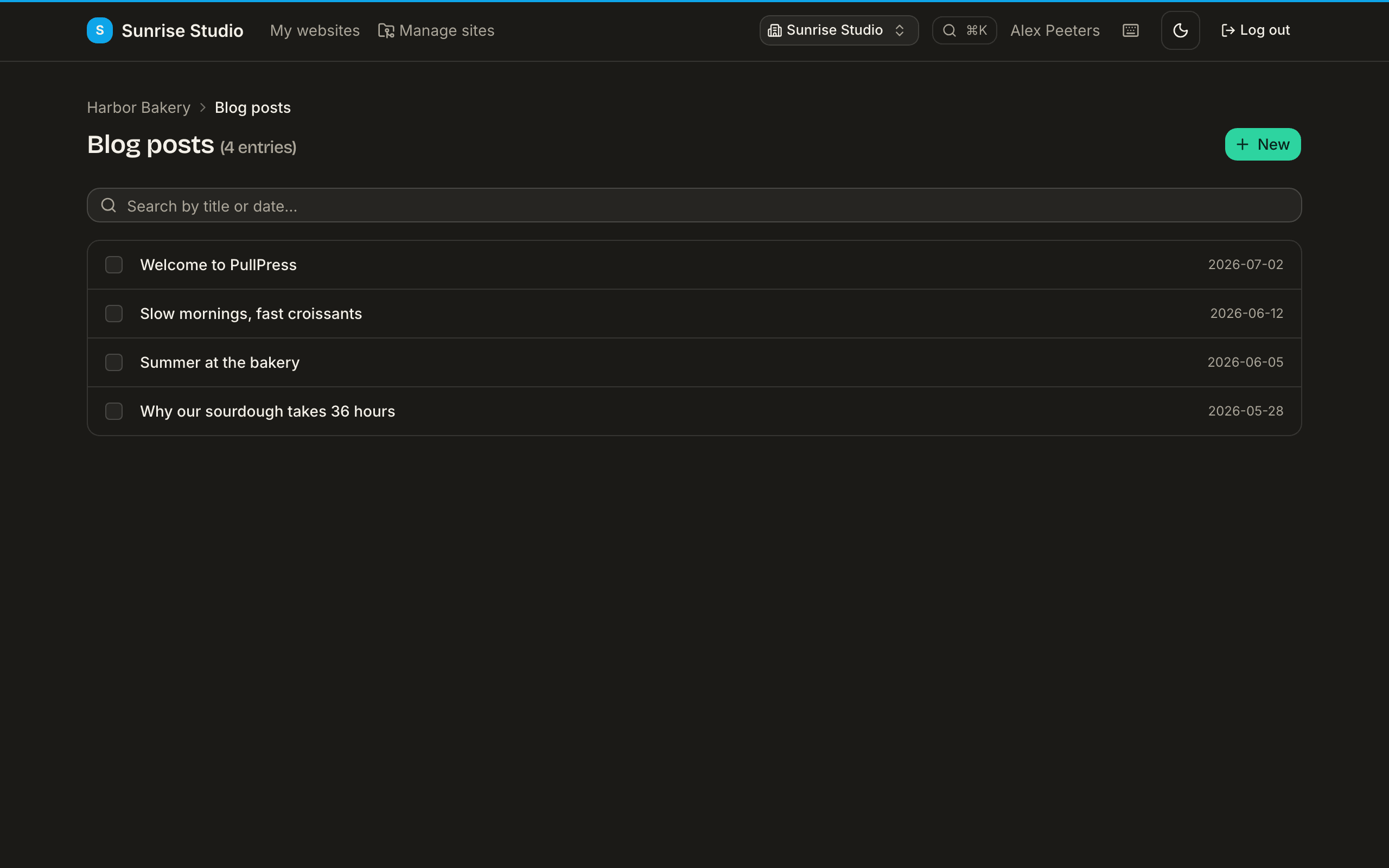 The Blog posts collection: a searchable list of entries with their dates, checkboxes for bulk actions, and a New button