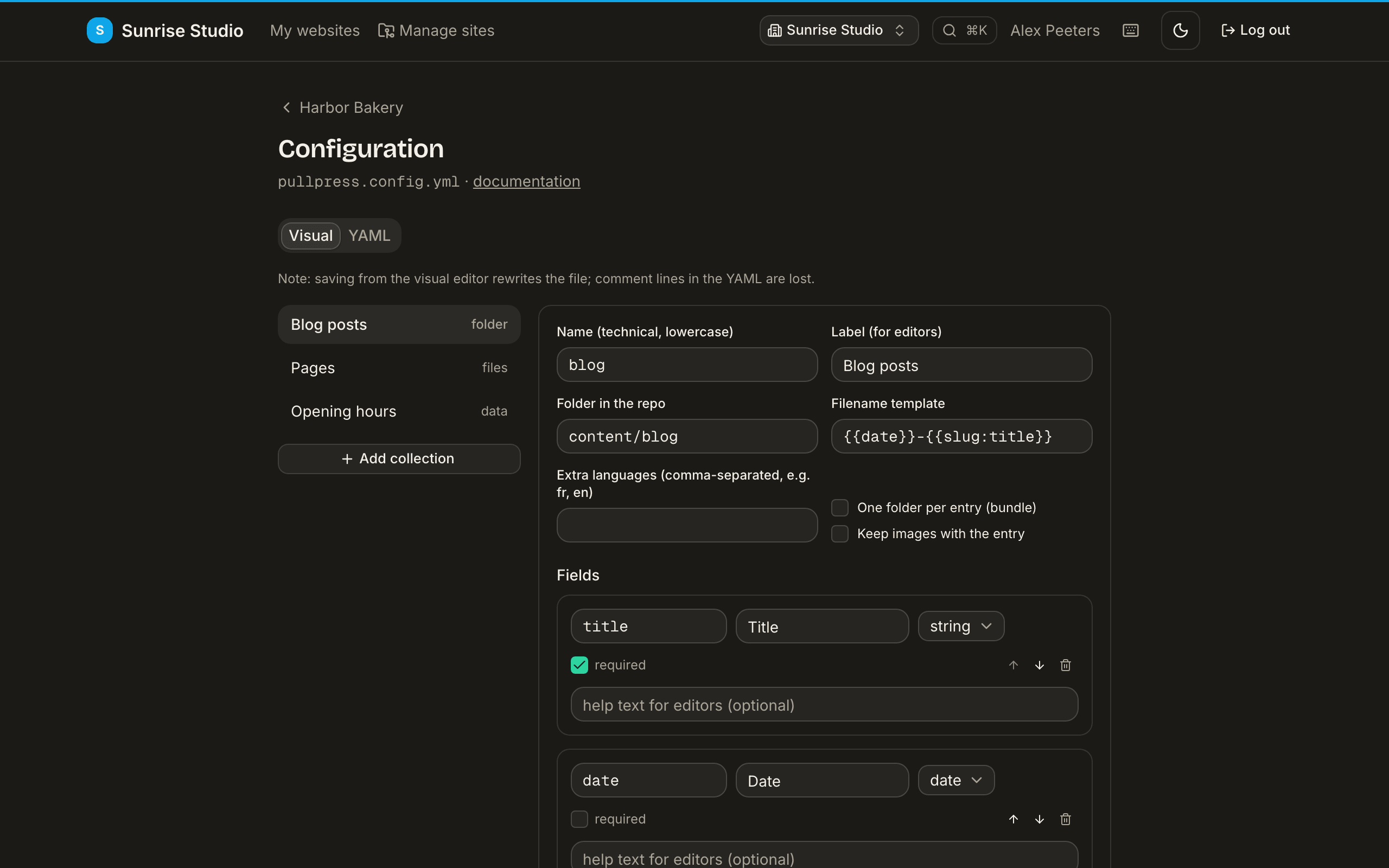 The in-app Configuration editor in Visual mode: Visual and YAML tabs, the Blog posts, Pages and Opening hours collections in a sidebar, and the selected collection's name, label, folder, filename template and field list as a form