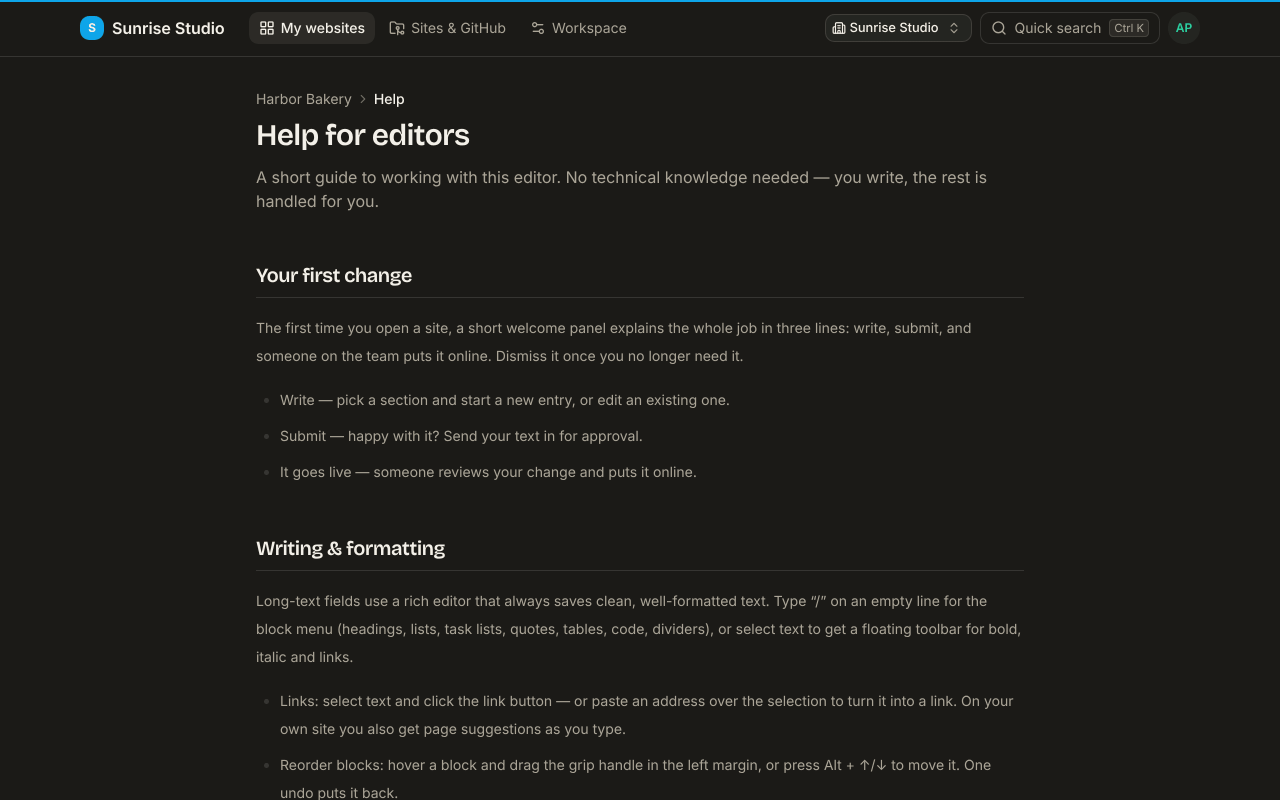 The in-app “Help for editors” page on the Harbor Bakery site: a short intro, then plain-language sections such as Your first change (write, submit, it goes live) and Writing & formatting