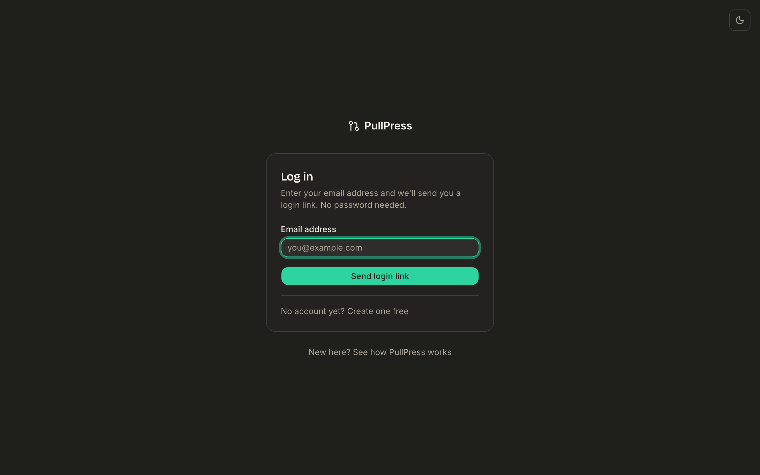 The PullPress login page: a single email field and a button that sends a sign-in link