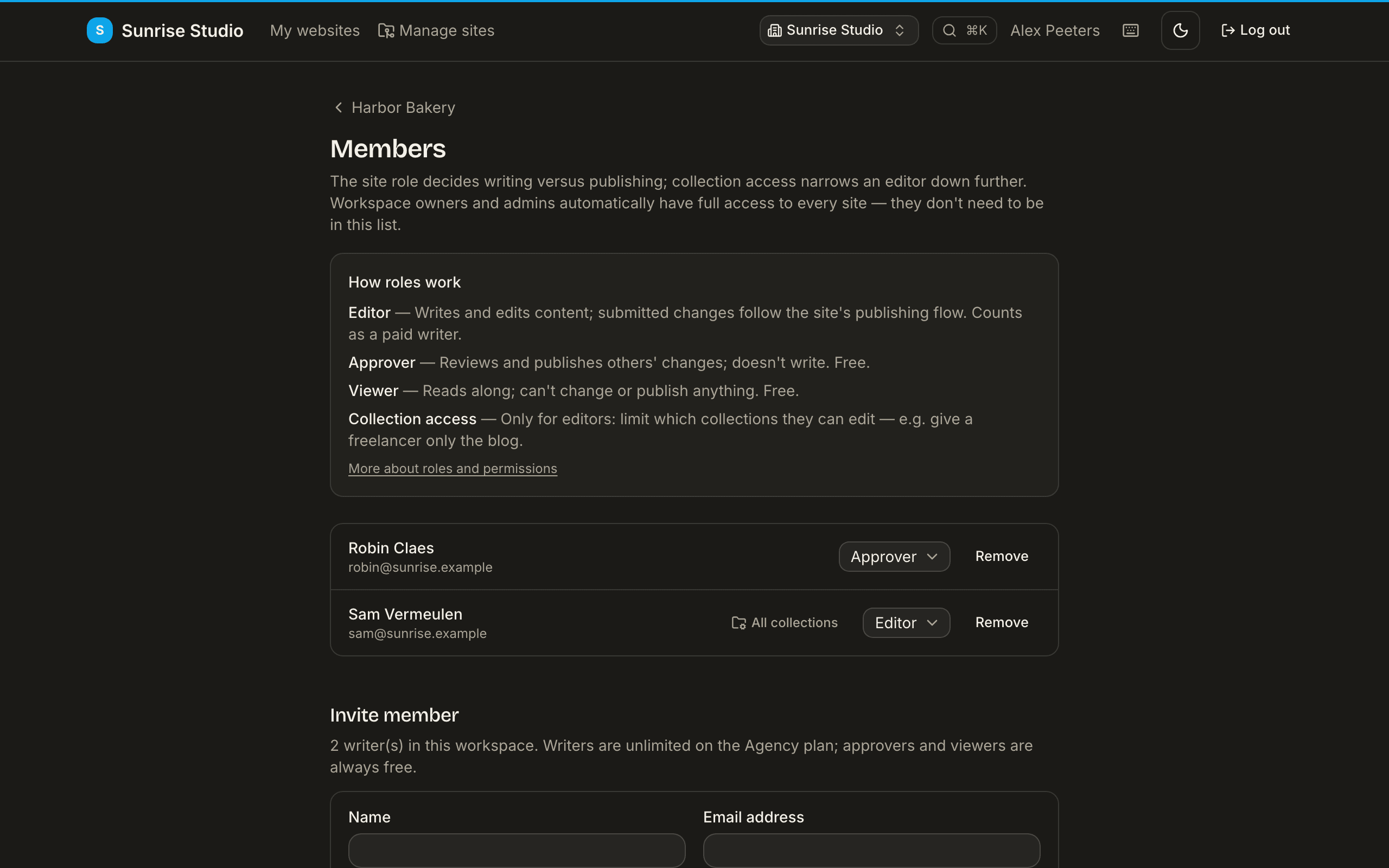 A site's Members page with the “How roles work” explainer — Editor writes and counts as a paid writer, Approver reviews and publishes for free, Viewer reads along for free, and collection access narrows editors down — above the member list with role dropdowns