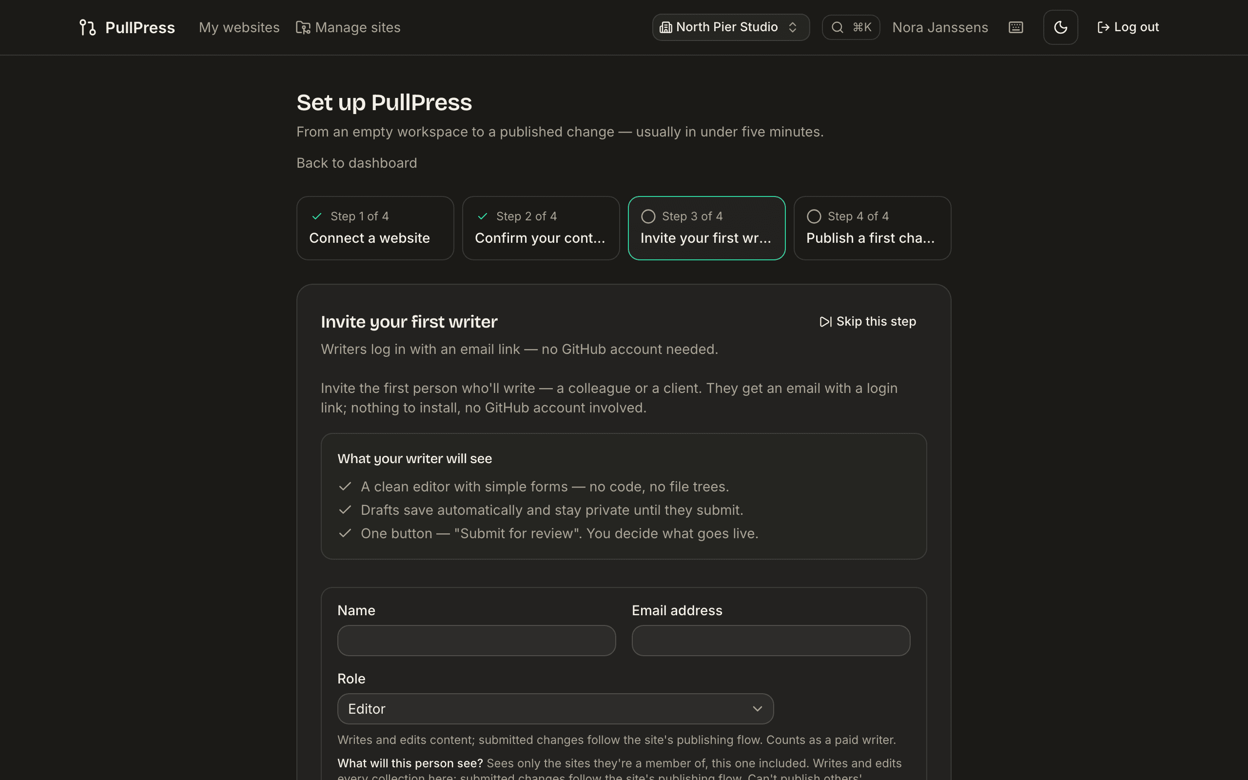 The “Set up PullPress” wizard on step 3 of 4, Invite your first writer: a name, email and role form plus a “What your writer will see” explainer, with a Skip this step link