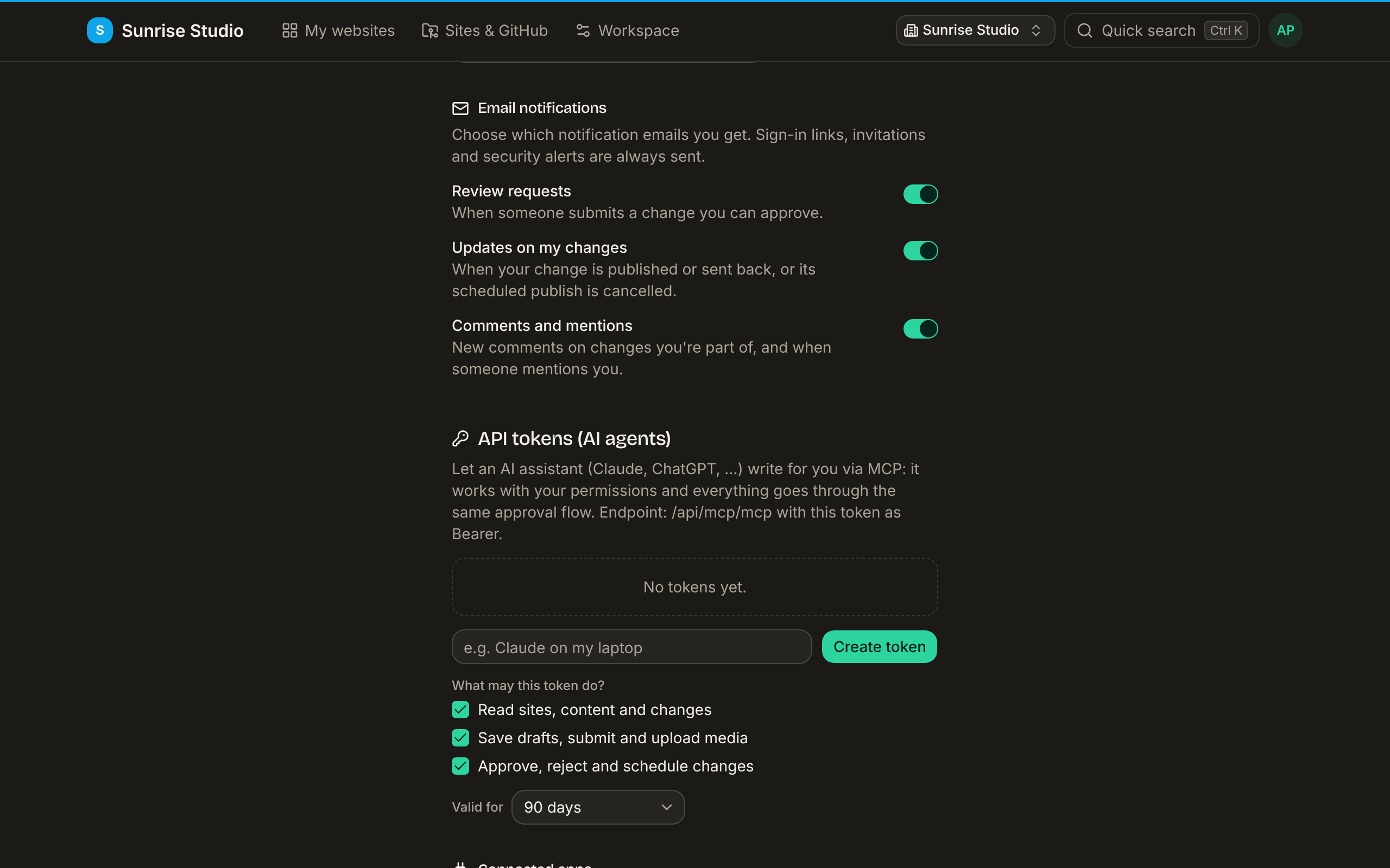 The Email notifications section of the profile with three switches, all on: Review requests, Updates on my changes, and Comments and mentions, each with a one-line explanation