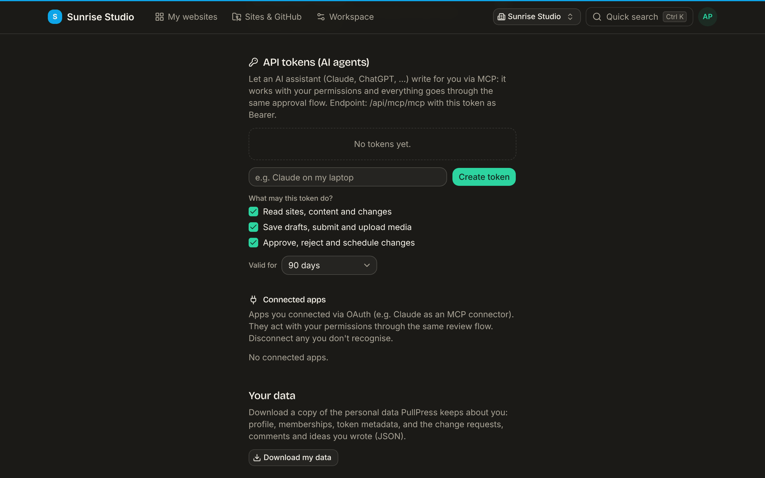 The API tokens (AI agents) section of the profile: an explanation of the MCP endpoint, an empty token list, a name field with a Create token button, three permission checkboxes (read; save drafts, submit and upload media; approve, reject and schedule), a Valid for dropdown set to 90 days, and below it the Connected apps list