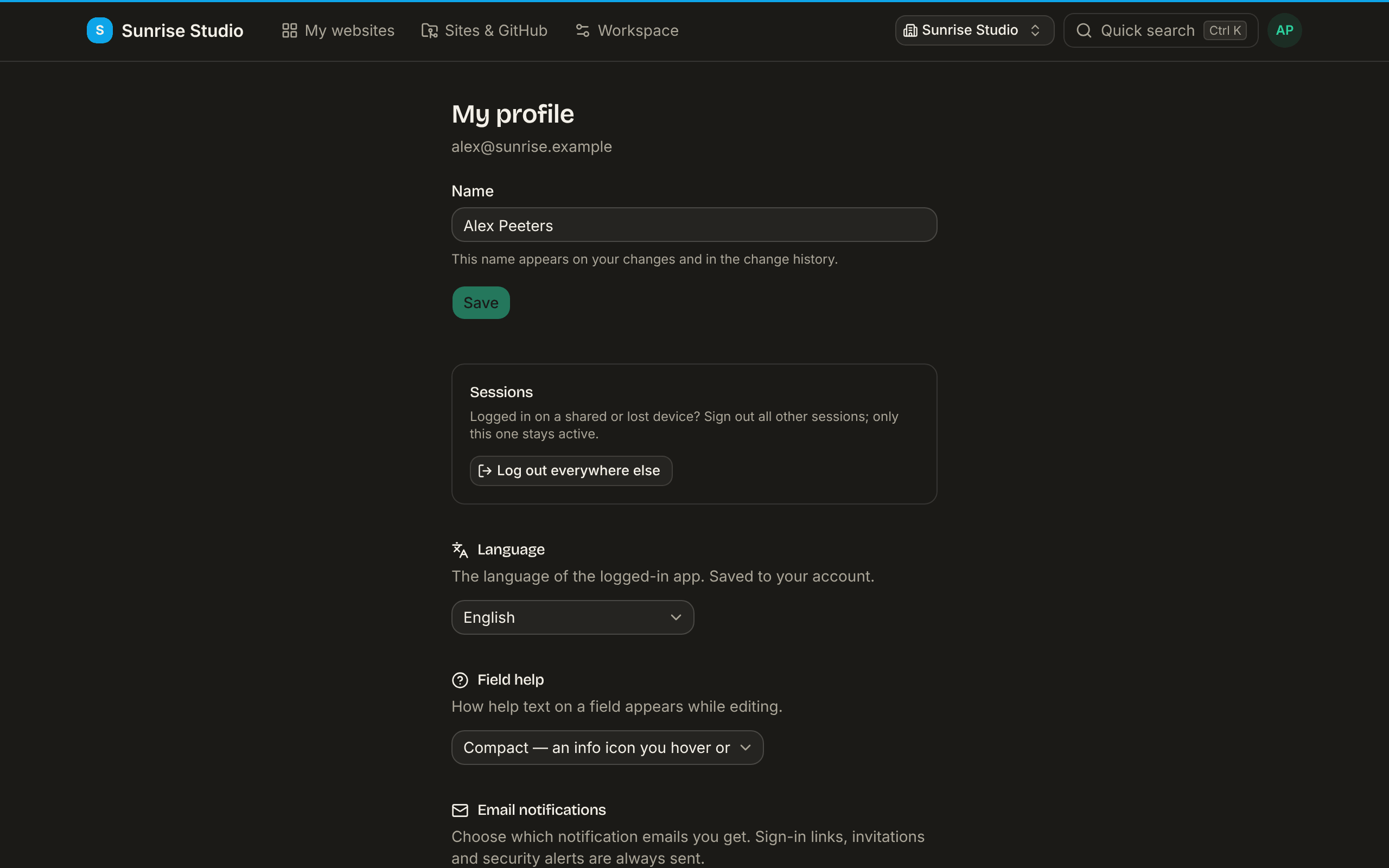 The My profile page: a Name field with Save, a Sessions box with Log out everywhere else, a Language dropdown set to English and a Field help dropdown