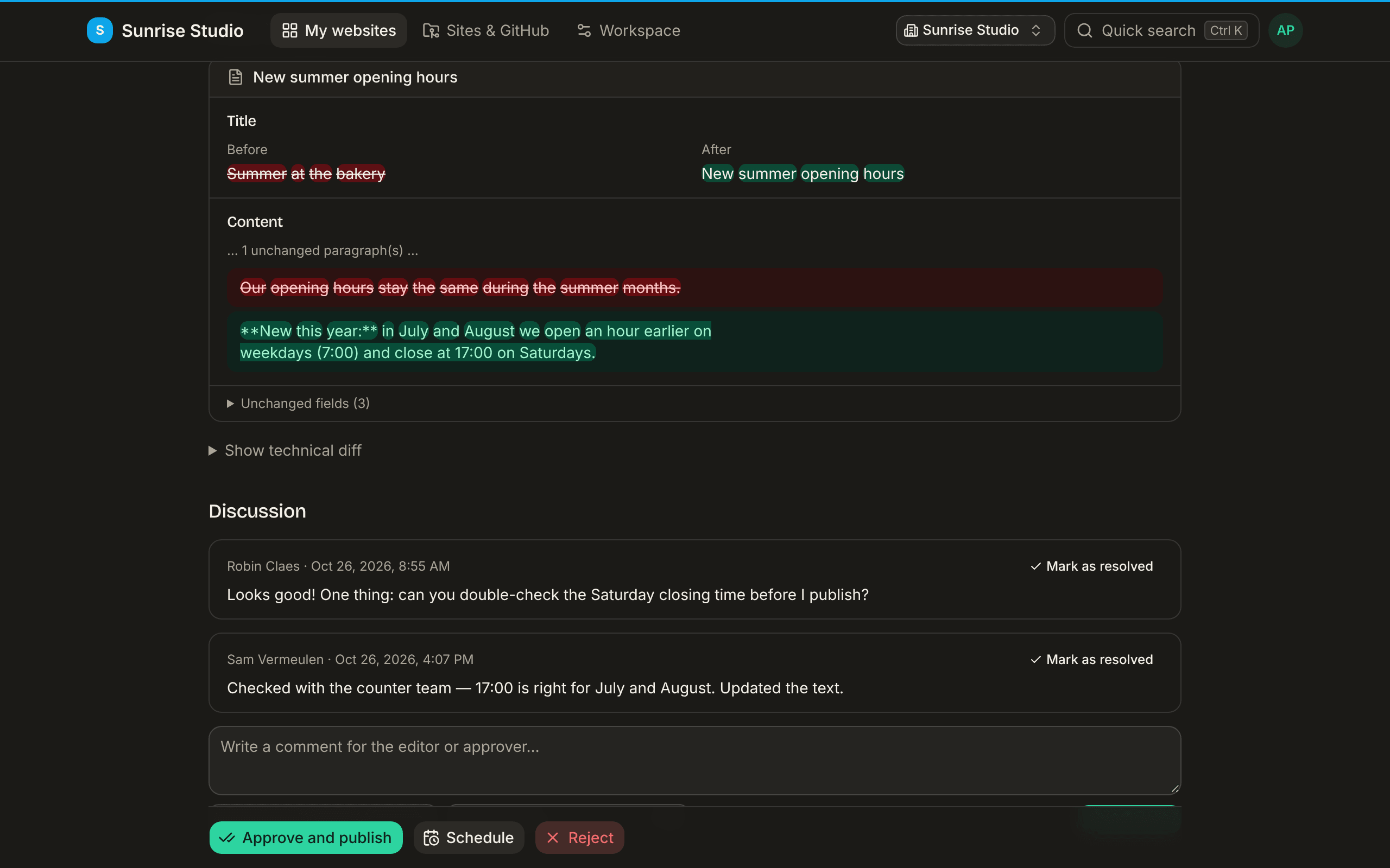 The Discussion section of a review page: two comments between the approver and the writer, each with a Mark as resolved link, and below them a comment box with a Type @ to mention someone hint, an Assign to… dropdown and a Comment button