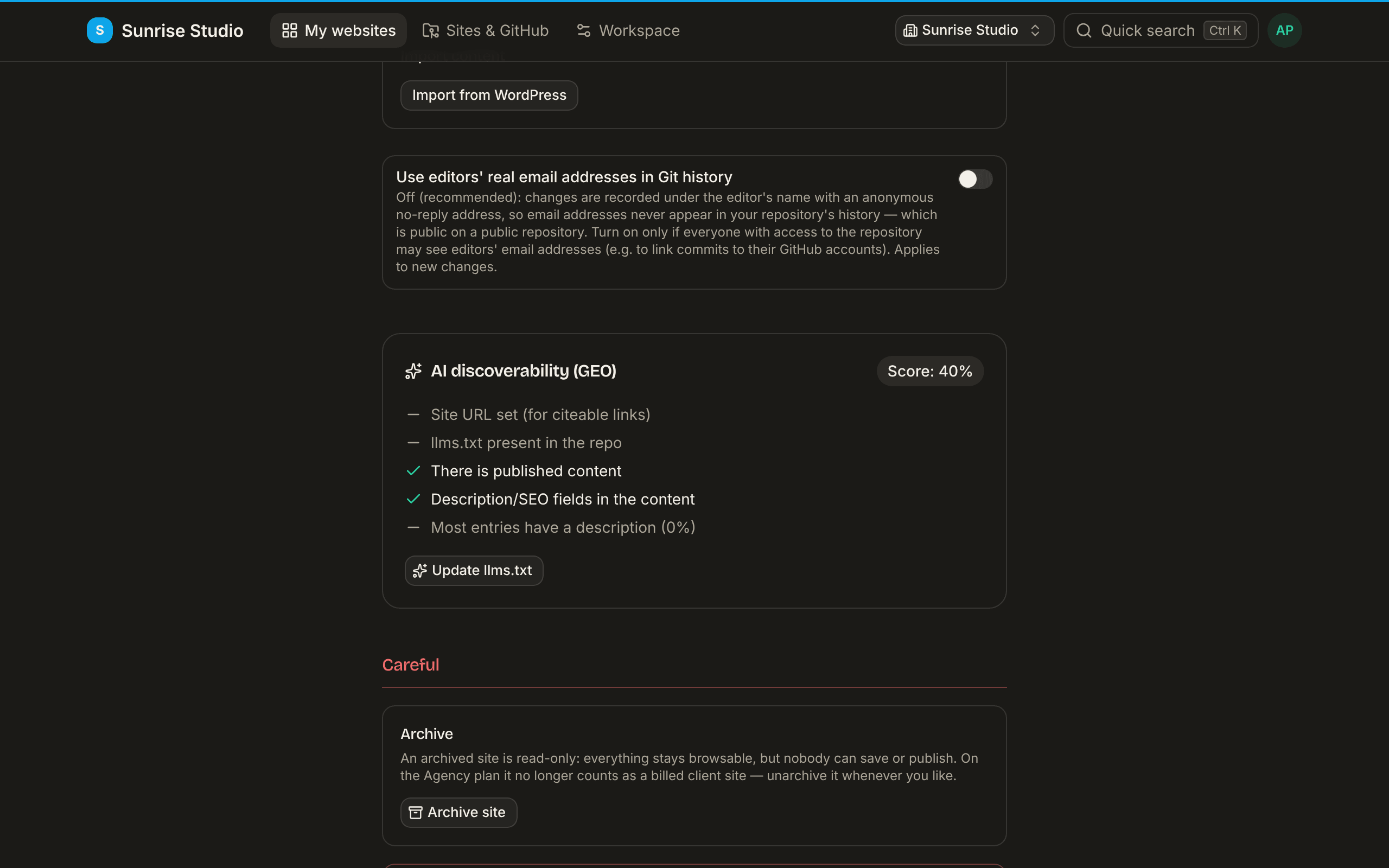 The Careful section of site settings: Archive site, a red Disconnect site button, the switch to use editors' real email addresses in Git history, and the start of the AI discoverability (GEO) checklist with its score