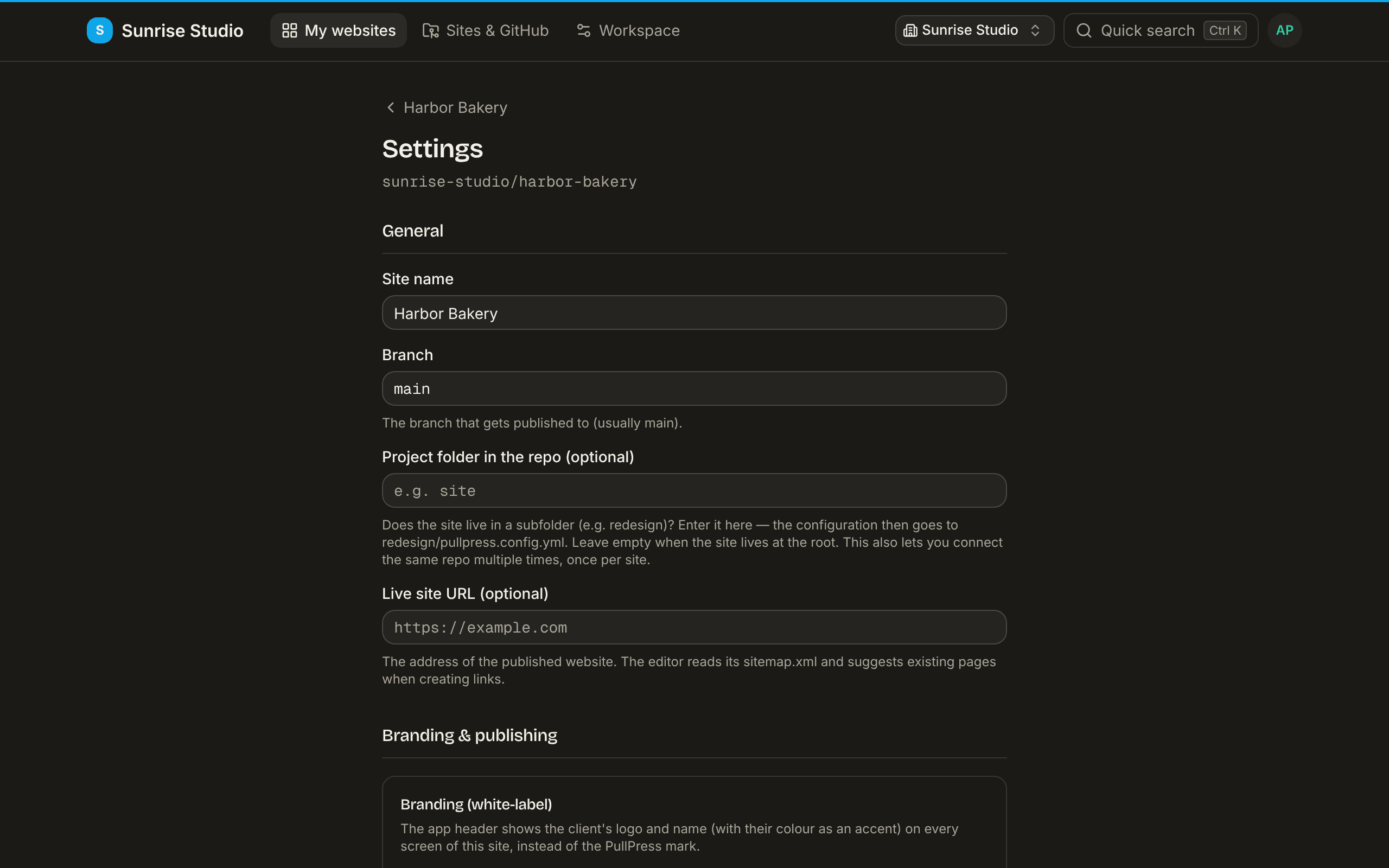 The top of a site's Settings page: General with Site name, Branch (main), an optional Project folder in the repo and an optional Live site URL