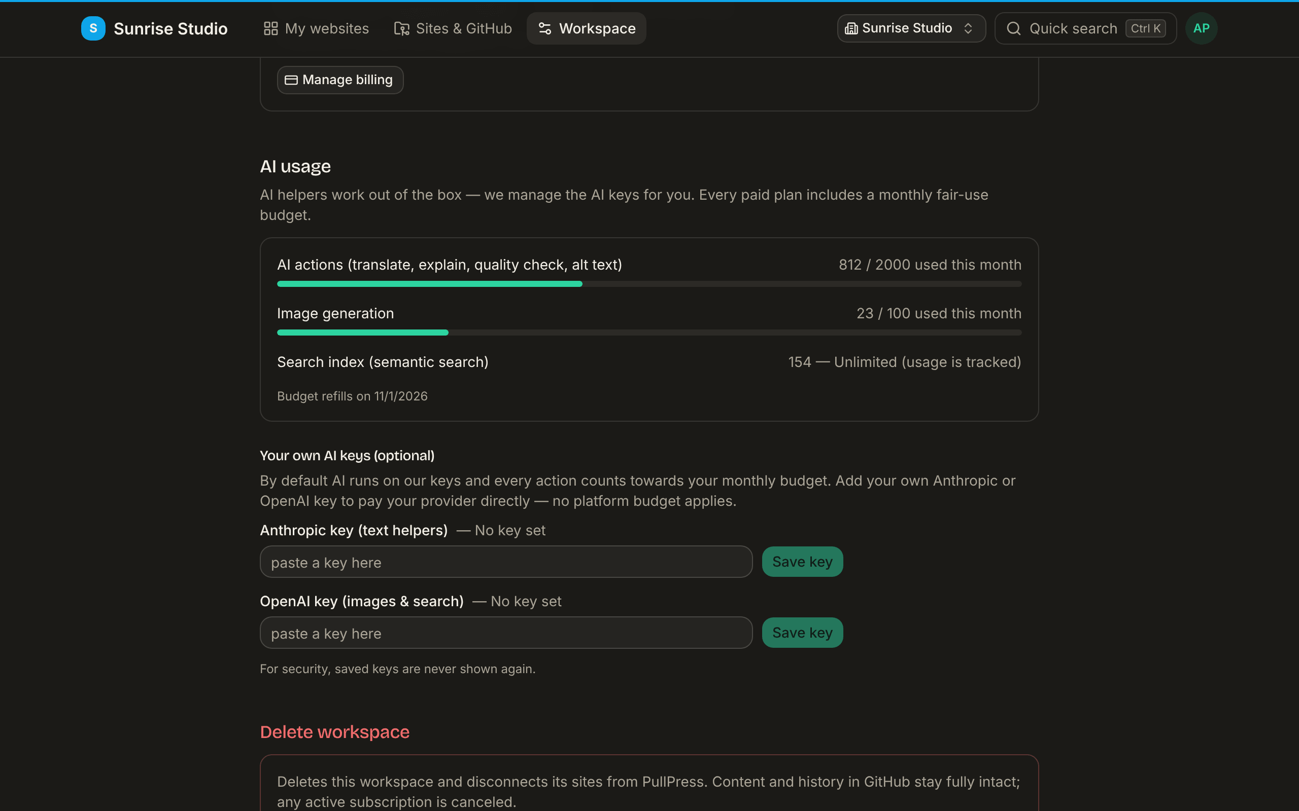 Workspace settings → AI usage: meters for AI actions, image generation and the search index against the plan's monthly budget, with fields to store your own Anthropic and OpenAI keys
