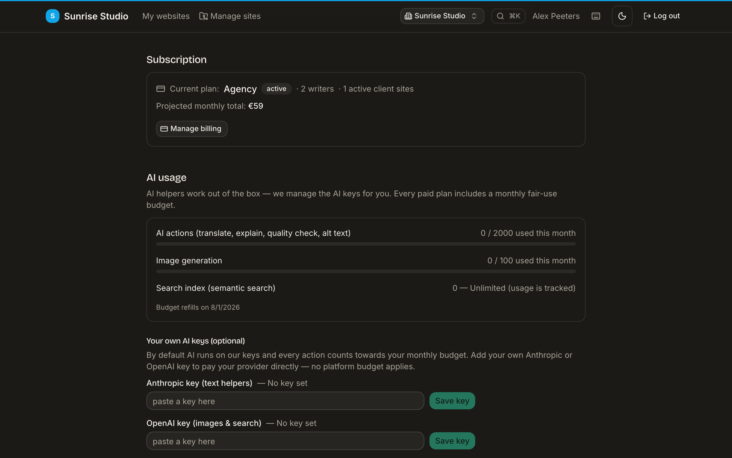 Workspace settings, Subscription panel: current plan Agency (active) with 2 writers and 1 active client site, a projected monthly total of €59 and a Manage billing button — followed by the AI usage meters