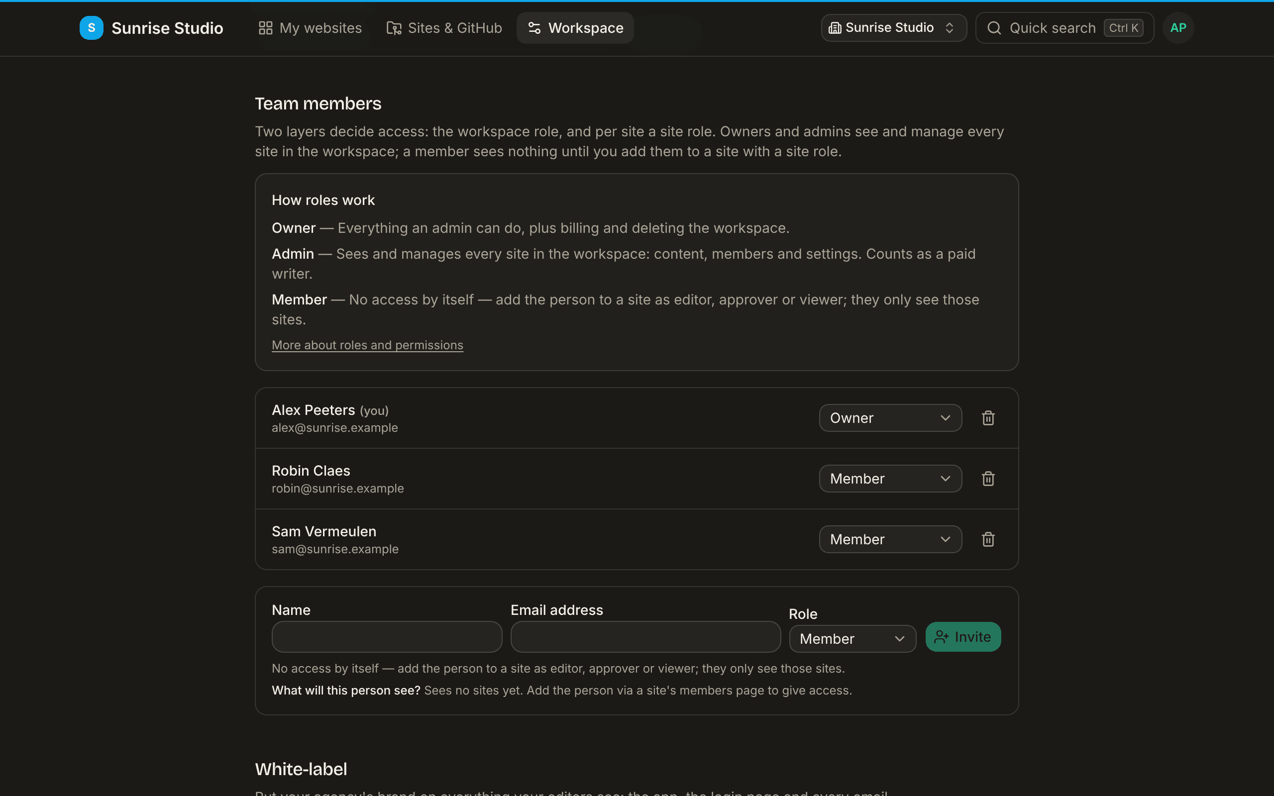 Workspace settings, Team members: a How roles work box (Owner, Admin, Member), the member list with a role dropdown and remove button per person, and an invite row with name, email address and role