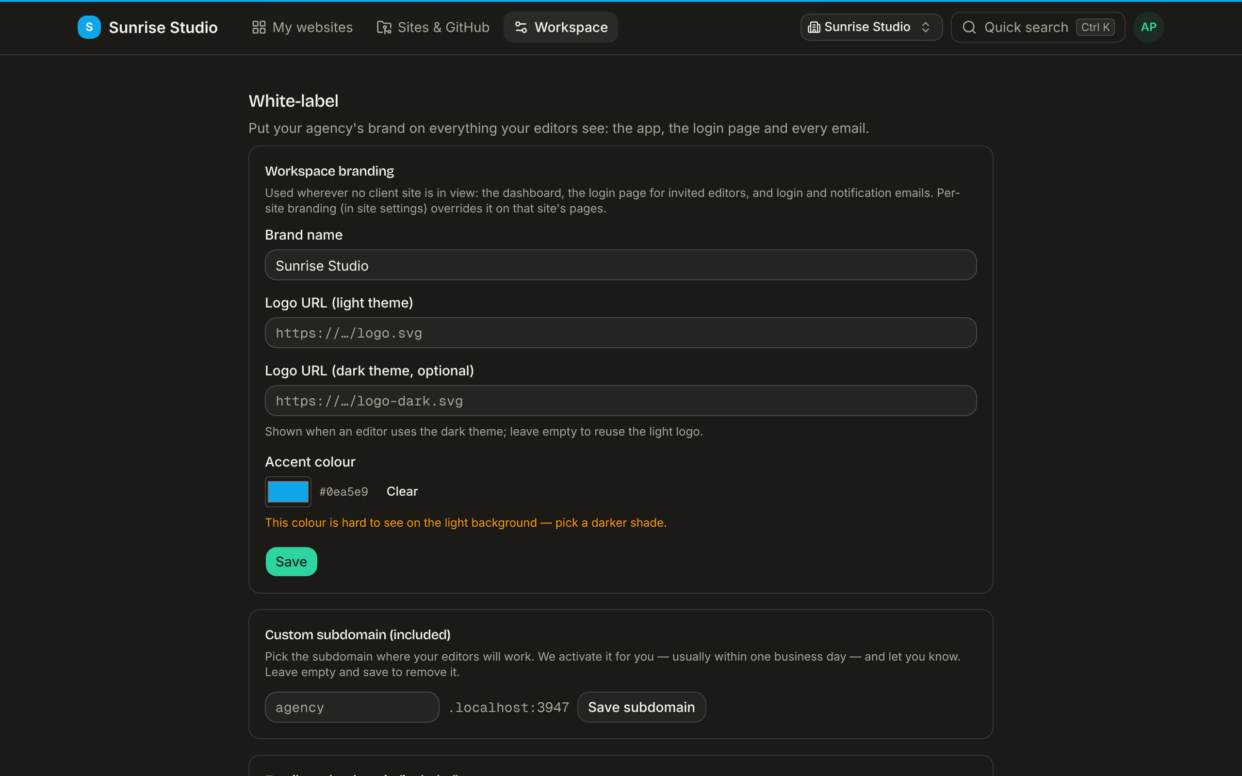 Workspace settings → White-label: workspace branding fields (brand name, light and dark logo URLs) below the workspace member list