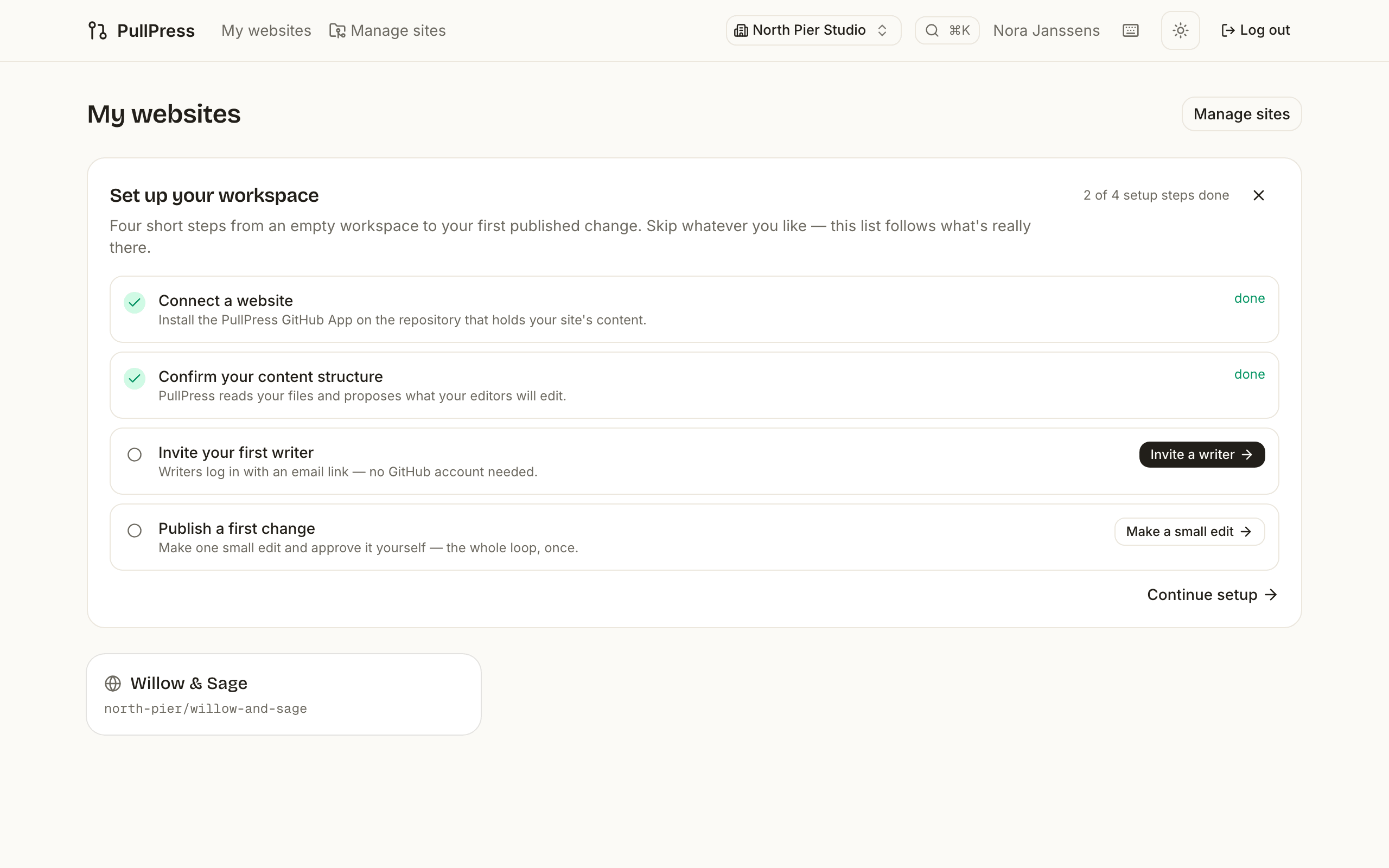The dashboard's “Set up your workspace” checklist showing 2 of 4 setup steps done: Connect a website and Confirm your content structure are checked, Invite your first writer and Publish a first change are still open