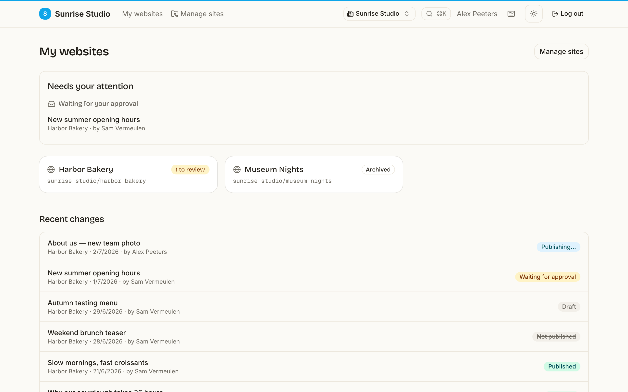 The PullPress dashboard: a “Needs your attention” panel with a change waiting for approval, site cards, and a “Recent changes” list with status badges such as Publishing…, Waiting for approval, Draft and Published