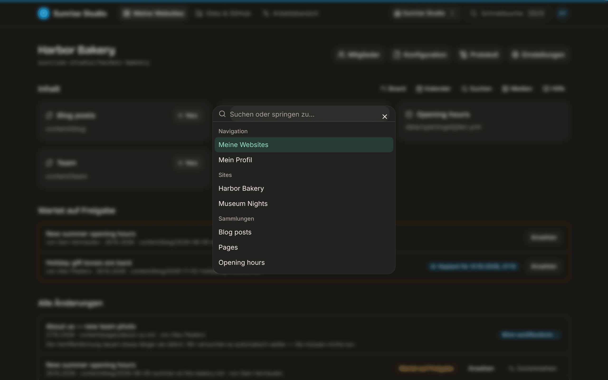 Die Befehlspalette über einer unscharfen Site-Seite: ein Feld „Suchen oder springen zu…“ mit Gruppen für Navigation (Meine Websites, Mein Profil), Sites und Sammlungen