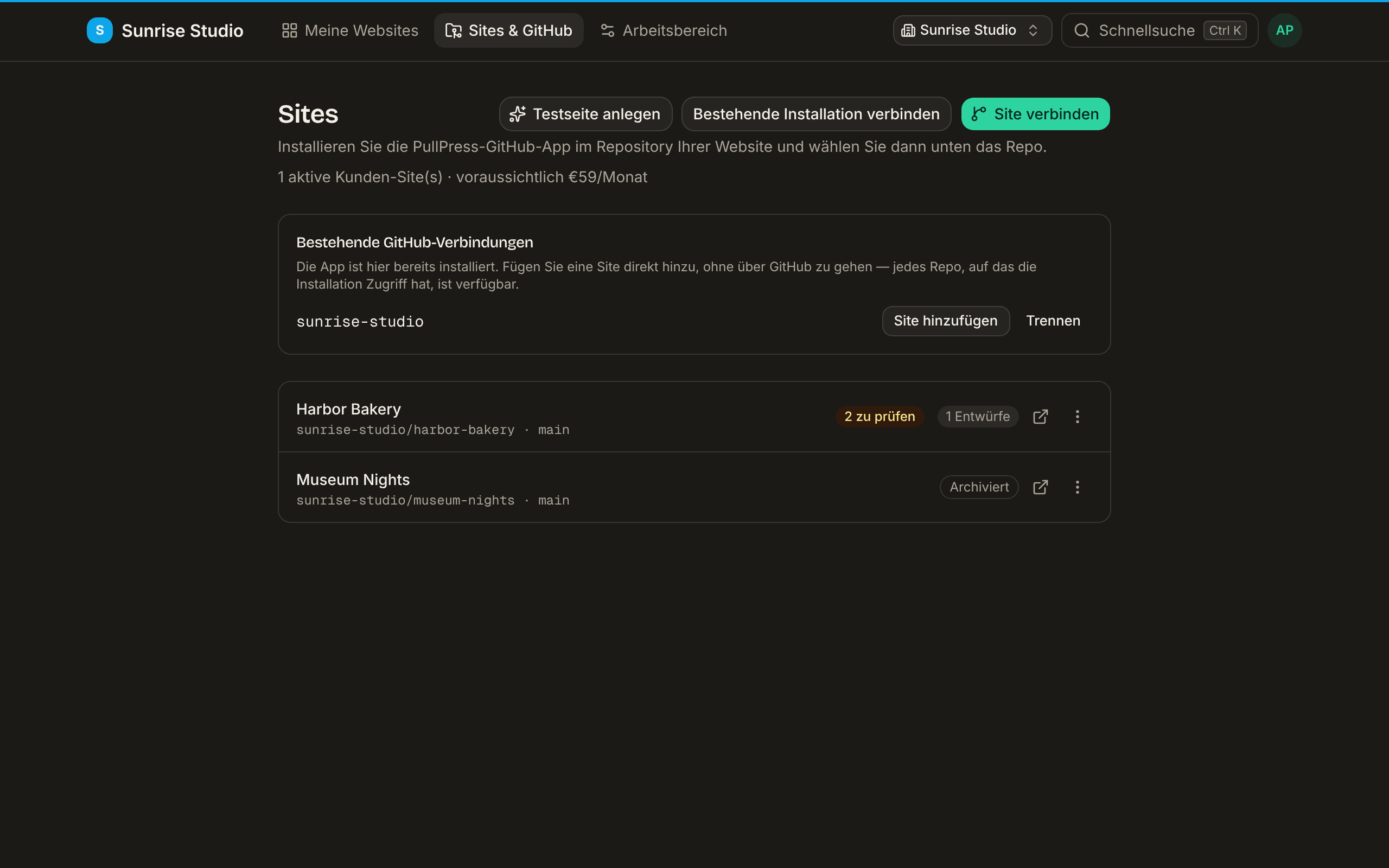 Die Seite Sites & GitHub mit einer Karte Bestehende GitHub-Verbindungen für die Installation sunrise-studio (Site hinzufügen, Trennen) über der Liste der verbundenen Sites, dazu Schaltflächen Bestehende Installation verbinden und Site verbinden