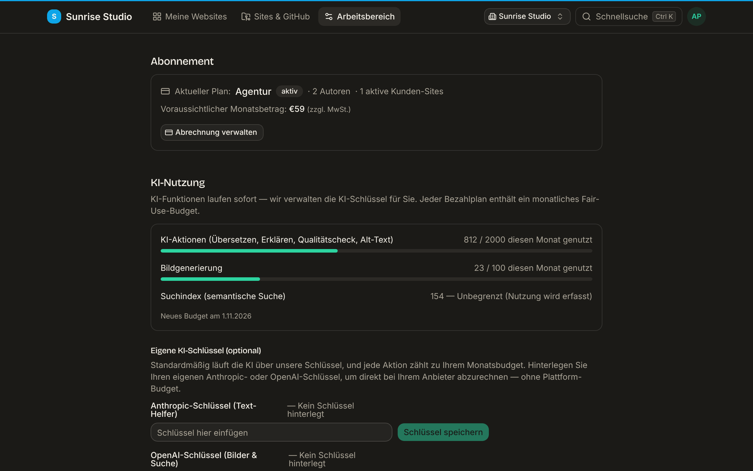 Arbeitsbereich-Einstellungen, Bereich Abonnement: aktueller Tarif Agentur (aktiv) mit 2 Autoren und 1 aktiven Kunden-Site, eine voraussichtliche Monatssumme von 59 € und eine Schaltfläche Abrechnung verwalten, gefolgt von den Anzeigen zur KI-Nutzung