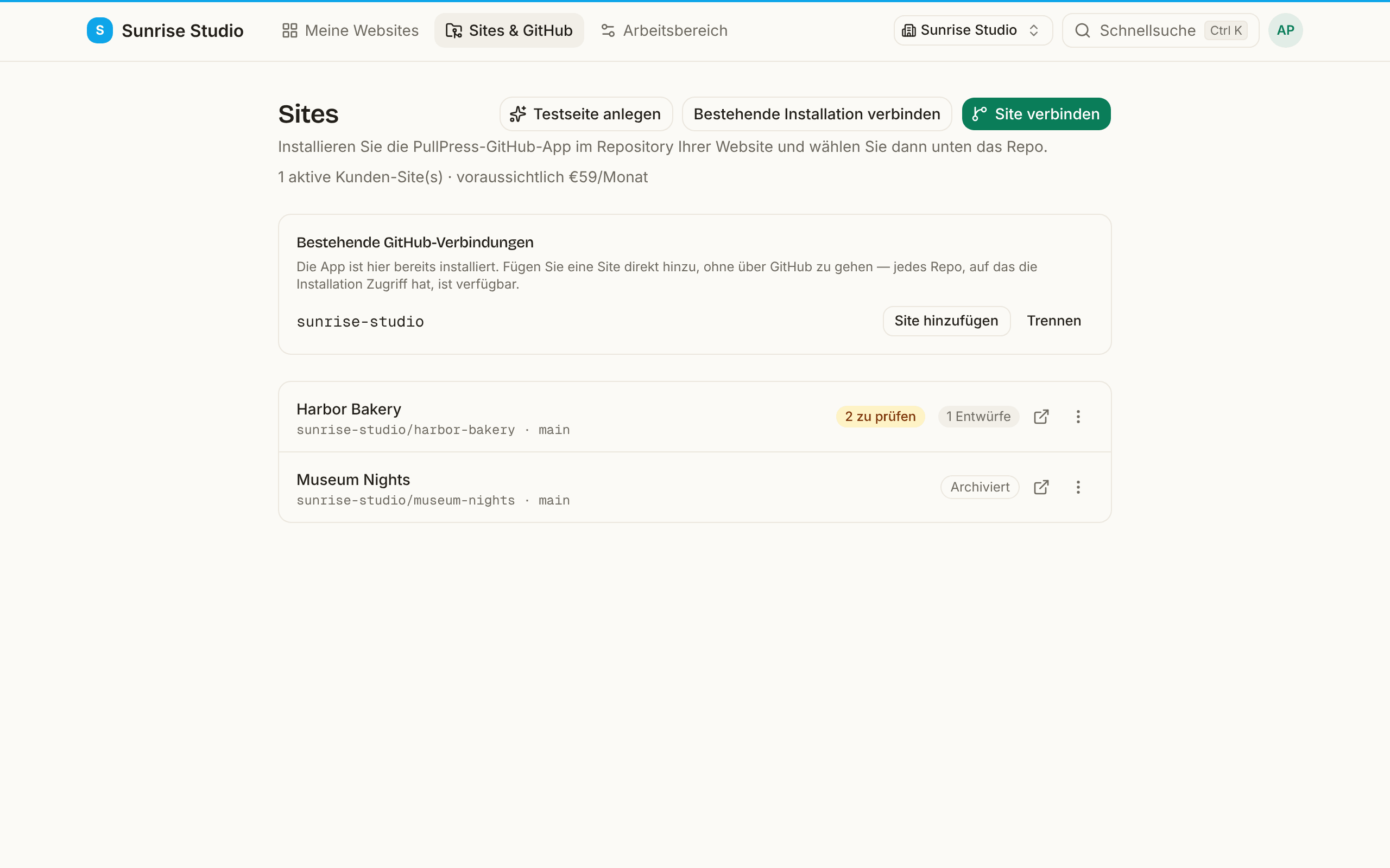 Die Seite Sites & GitHub mit einer Karte Bestehende GitHub-Verbindungen für die Installation sunrise-studio (Site hinzufügen, Trennen) über der Liste der verbundenen Sites, dazu Schaltflächen Bestehende Installation verbinden und Site verbinden