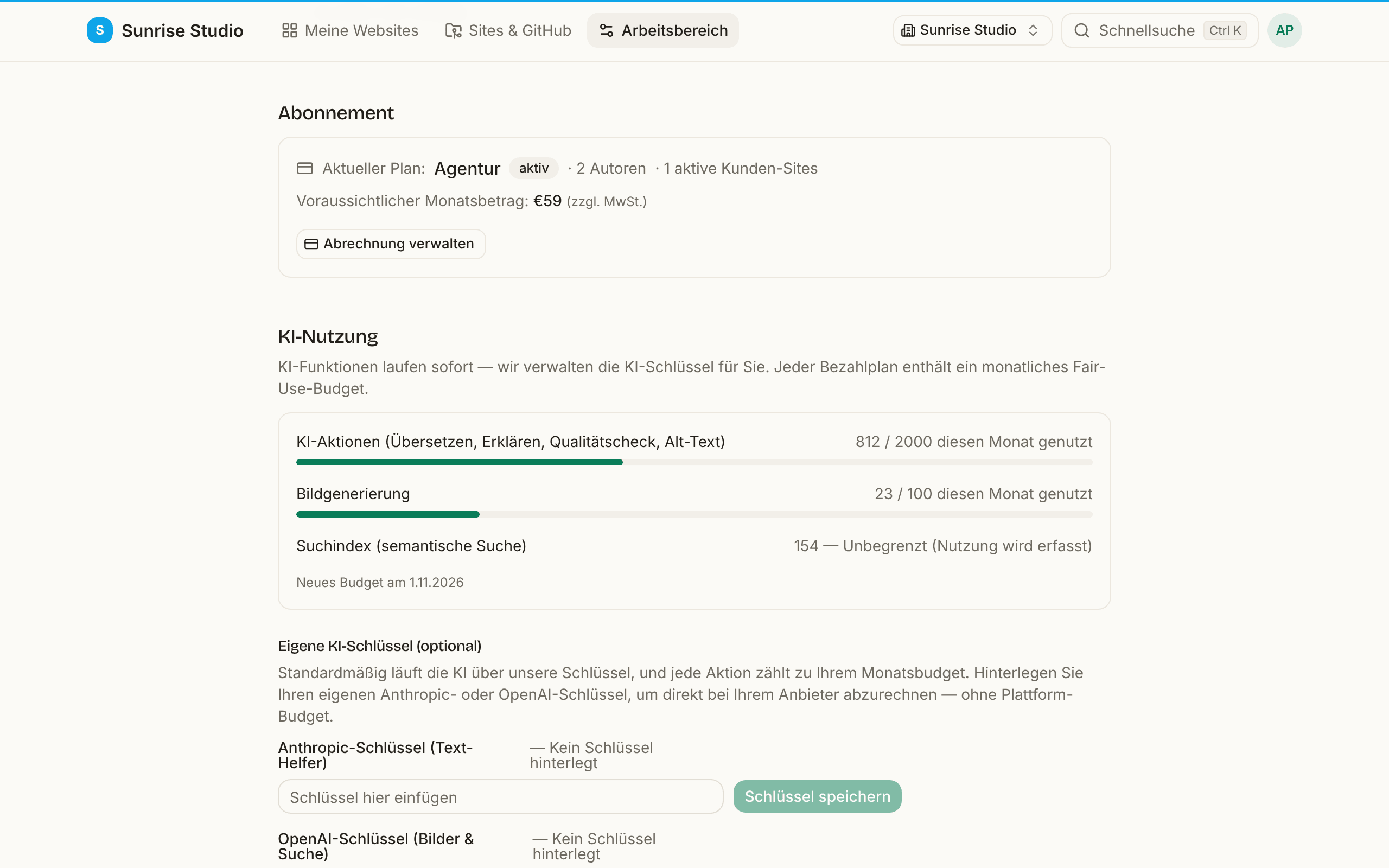 Arbeitsbereich-Einstellungen, Bereich Abonnement: aktueller Tarif Agentur (aktiv) mit 2 Autoren und 1 aktiven Kunden-Site, eine voraussichtliche Monatssumme von 59 € und eine Schaltfläche Abrechnung verwalten, gefolgt von den Anzeigen zur KI-Nutzung