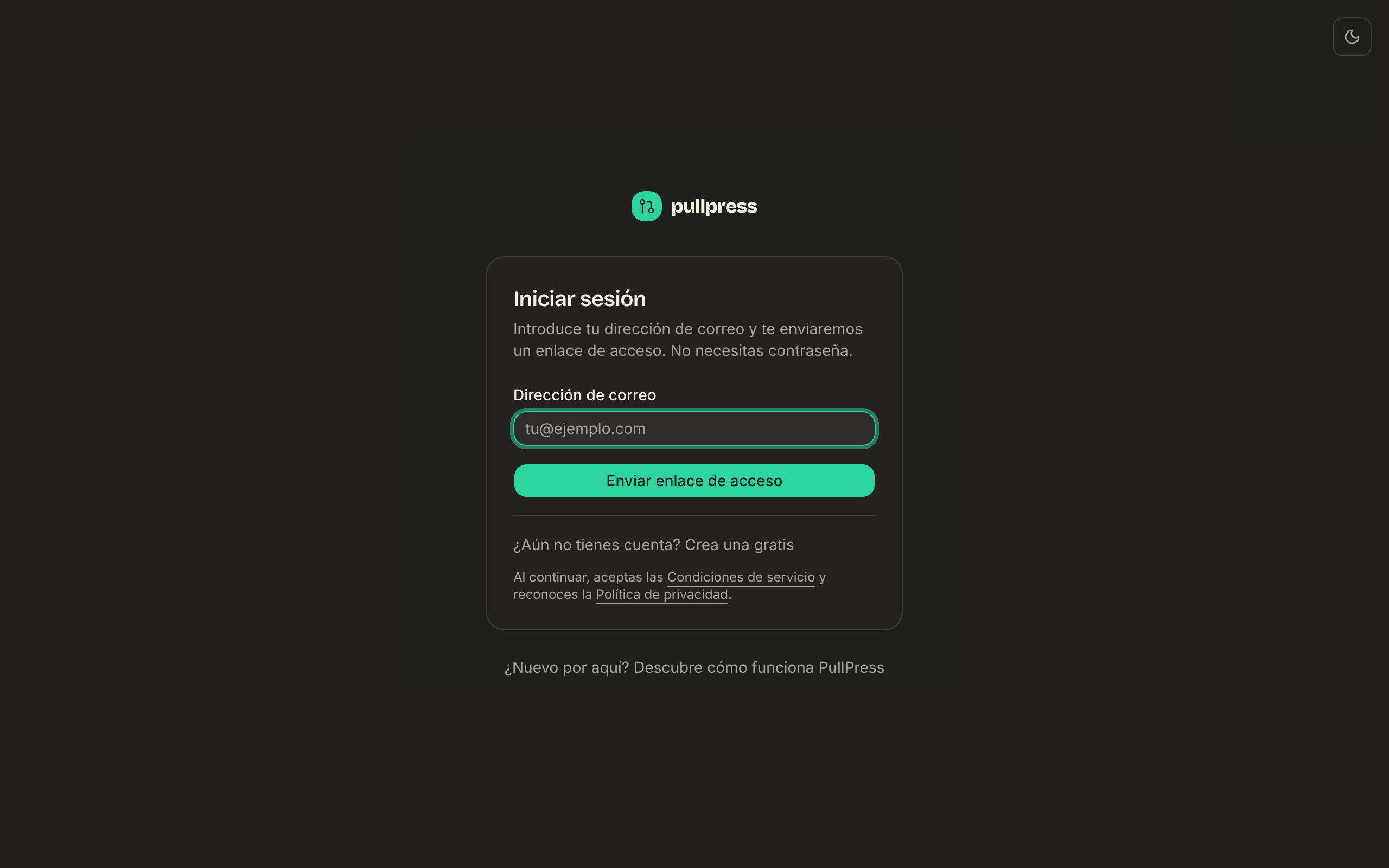 La página de acceso de PullPress: un único campo de correo y un botón que envía un enlace de acceso