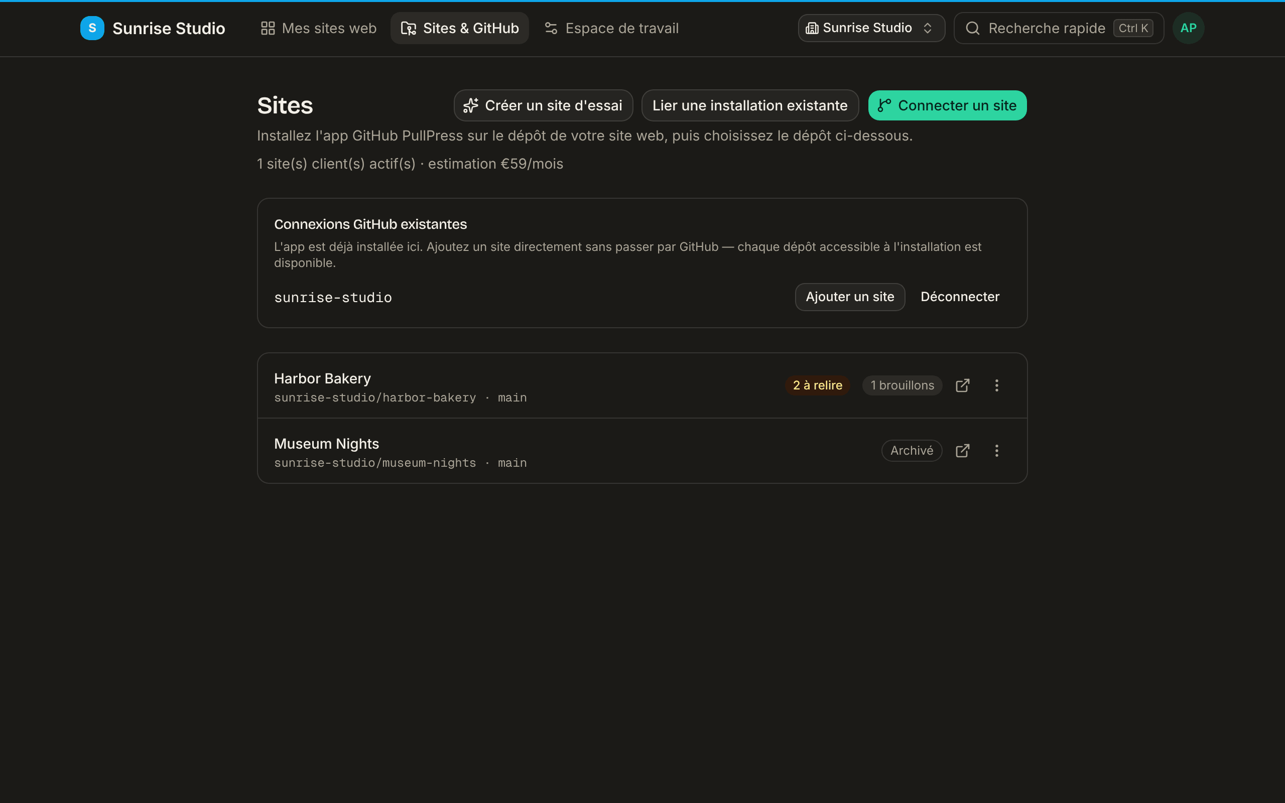 La page Sites & GitHub avec une carte Connexions GitHub existantes pour l’installation sunrise-studio (Ajouter un site, Déconnecter) au-dessus de la liste des sites connectés, plus les boutons Lier une installation existante et Connecter un site