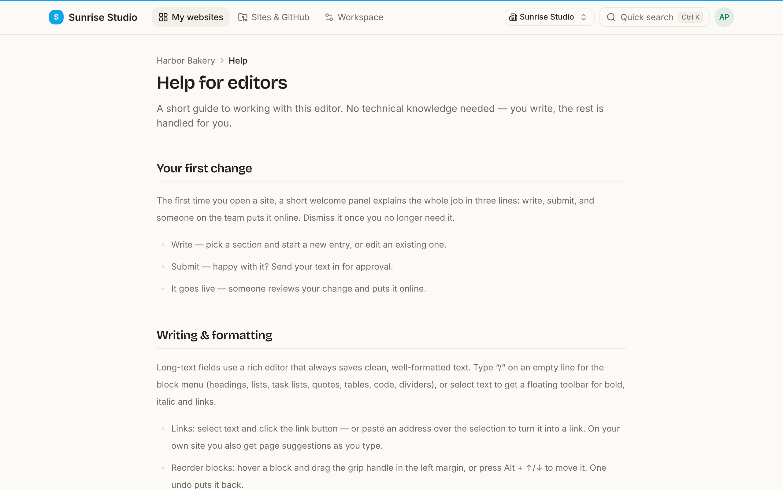 The in-app “Help for editors” page on the Harbor Bakery site: a short intro, then plain-language sections such as Your first change (write, submit, it goes live) and Writing & formatting