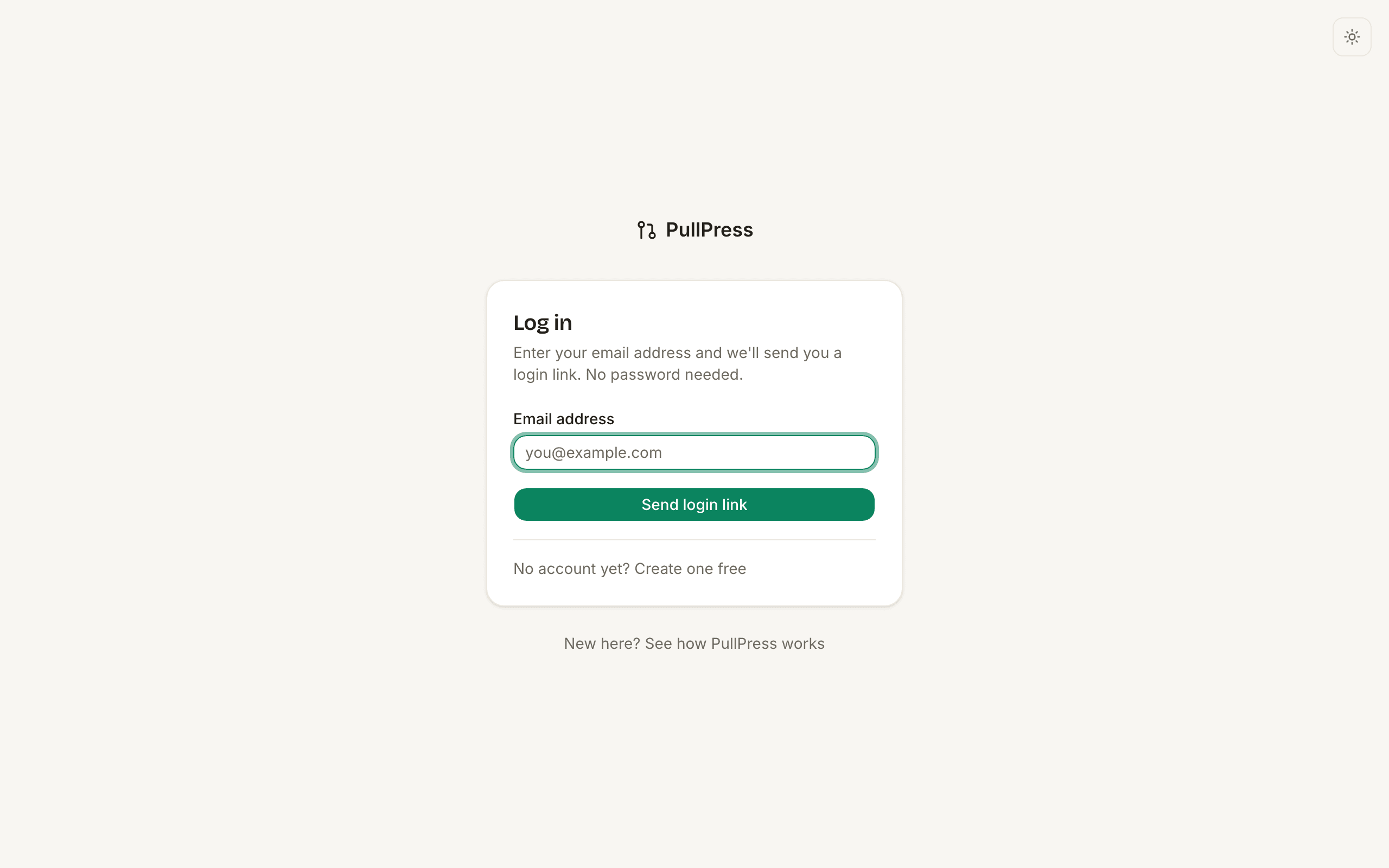 The PullPress login page: a single email field and a button that sends a sign-in link
