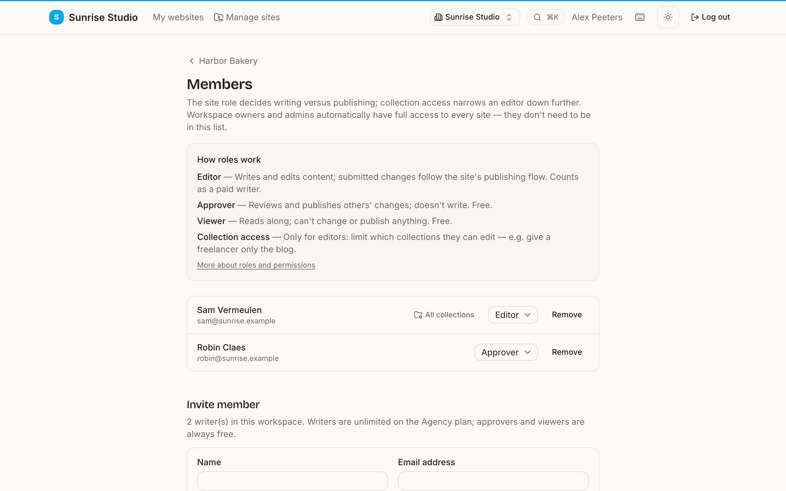 A site's Members page with the “How roles work” explainer — Editor writes and counts as a paid writer, Approver reviews and publishes for free, Viewer reads along for free, and collection access narrows editors down — above the member list with role dropdowns
