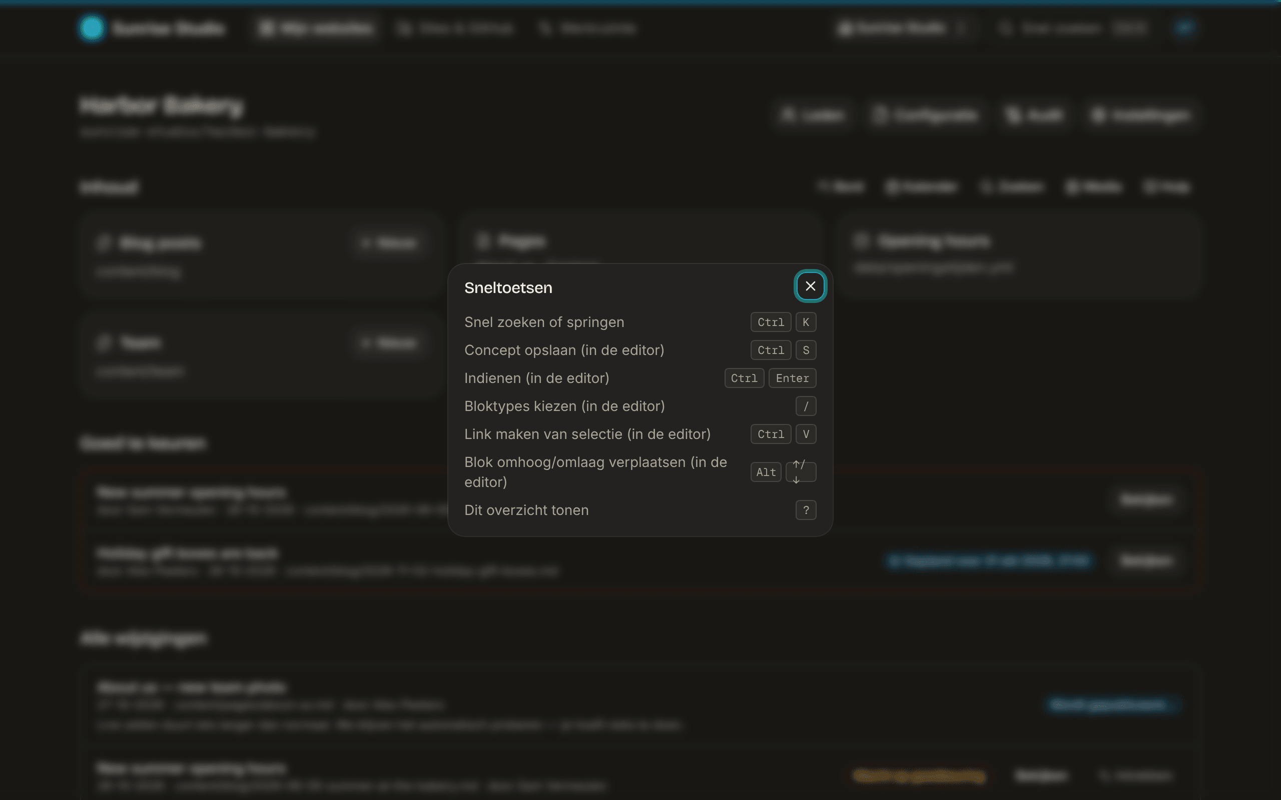 Het venster Sneltoetsen met snel zoeken (Ctrl K), concept bewaren (Ctrl S), indienen (Ctrl Enter), bloktypes (/), link vanuit selectie (Ctrl V), blok verplaatsen (Alt ↑/↓) en dit overzicht (?)