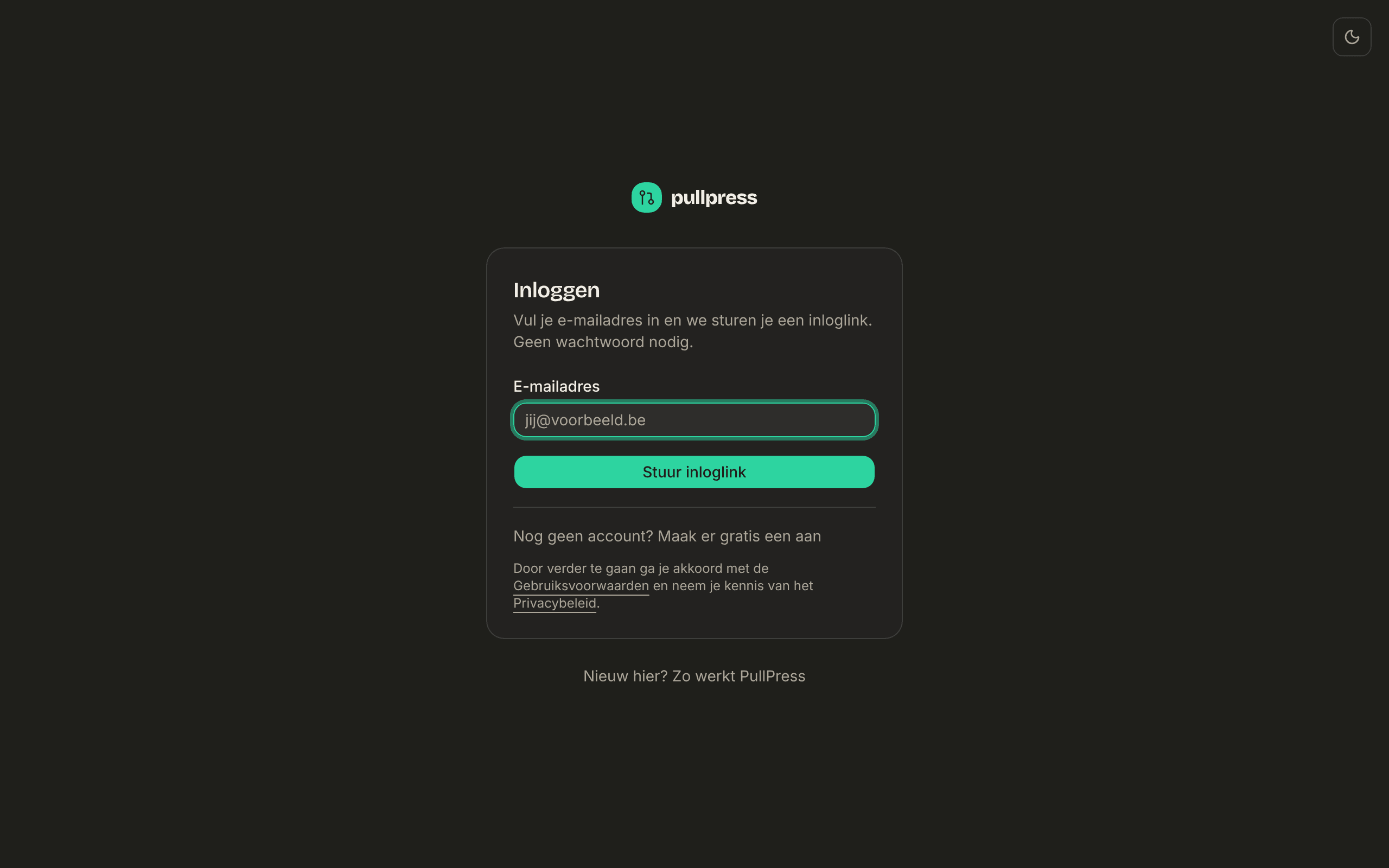 De inlogpagina van PullPress: één veld voor je e-mailadres en een knop die een inloglink verstuurt