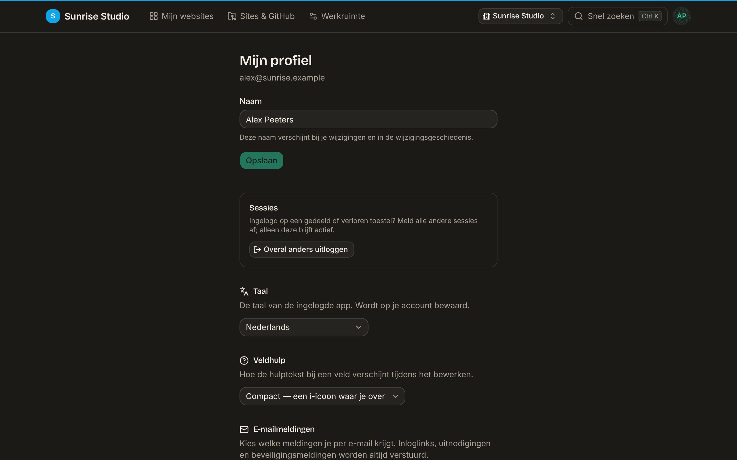 De pagina Mijn profiel: een veld Naam met Opslaan, een vak Sessies met Overal anders uitloggen, een keuzelijst Taal op Nederlands en een keuzelijst Veldhulp