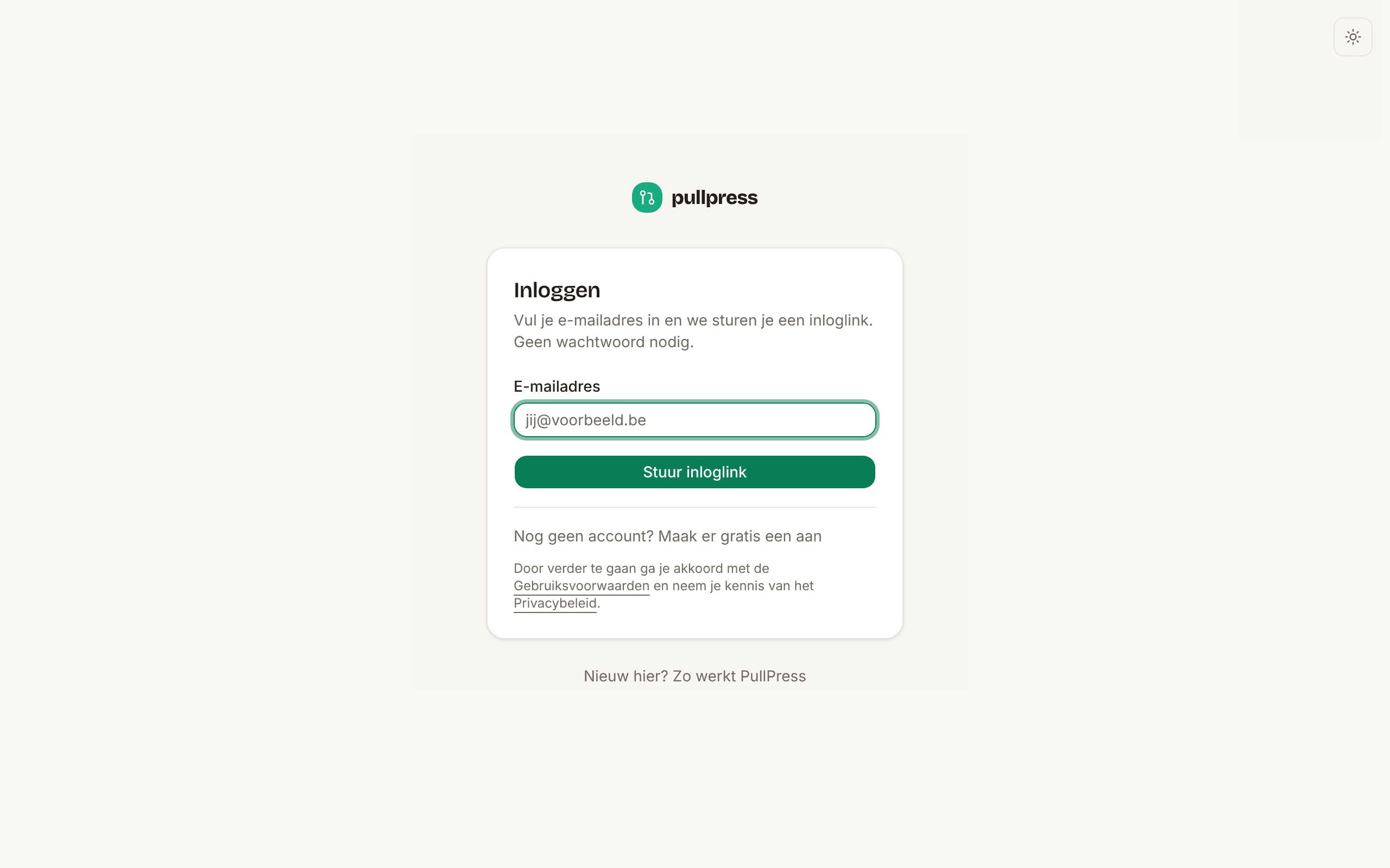 De inlogpagina van PullPress: één veld voor je e-mailadres en een knop die een inloglink verstuurt