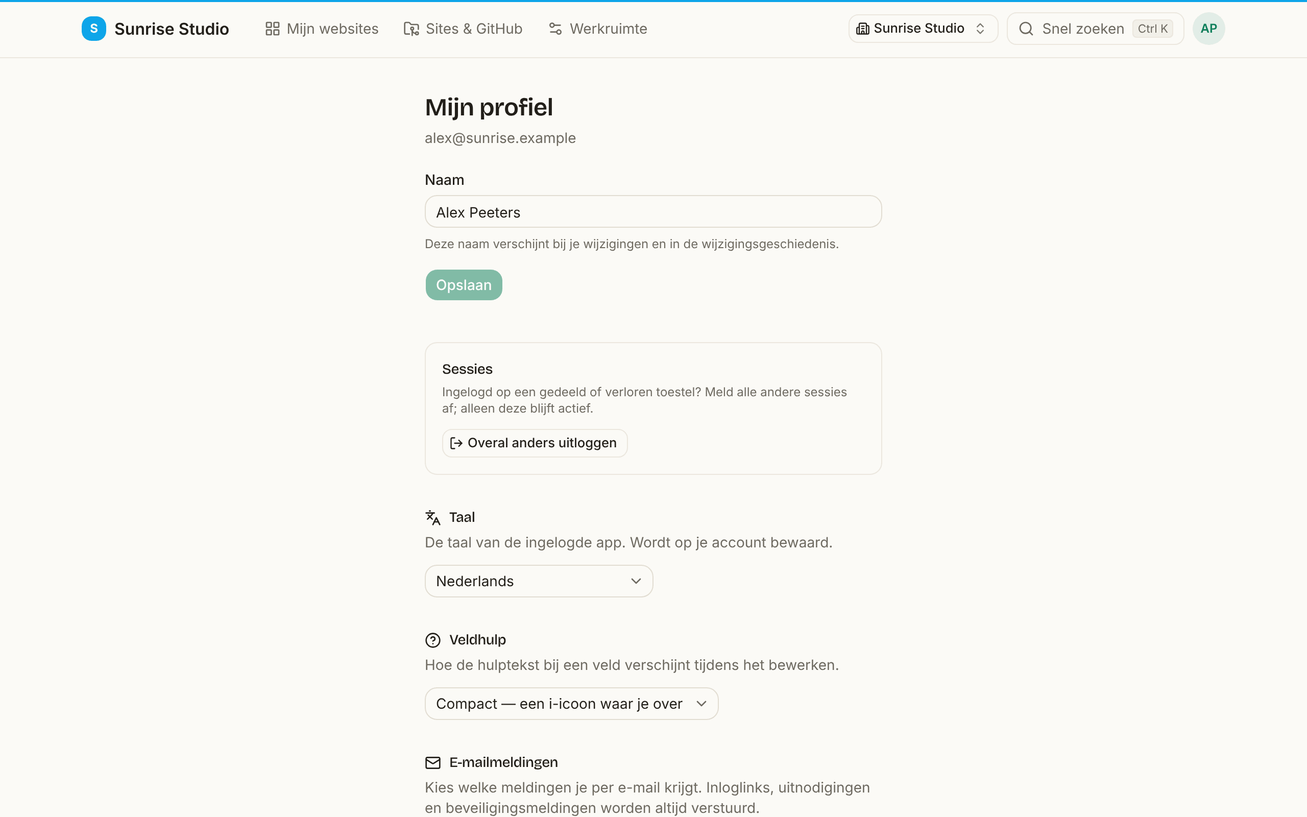 De pagina Mijn profiel: een veld Naam met Opslaan, een vak Sessies met Overal anders uitloggen, een keuzelijst Taal op Nederlands en een keuzelijst Veldhulp