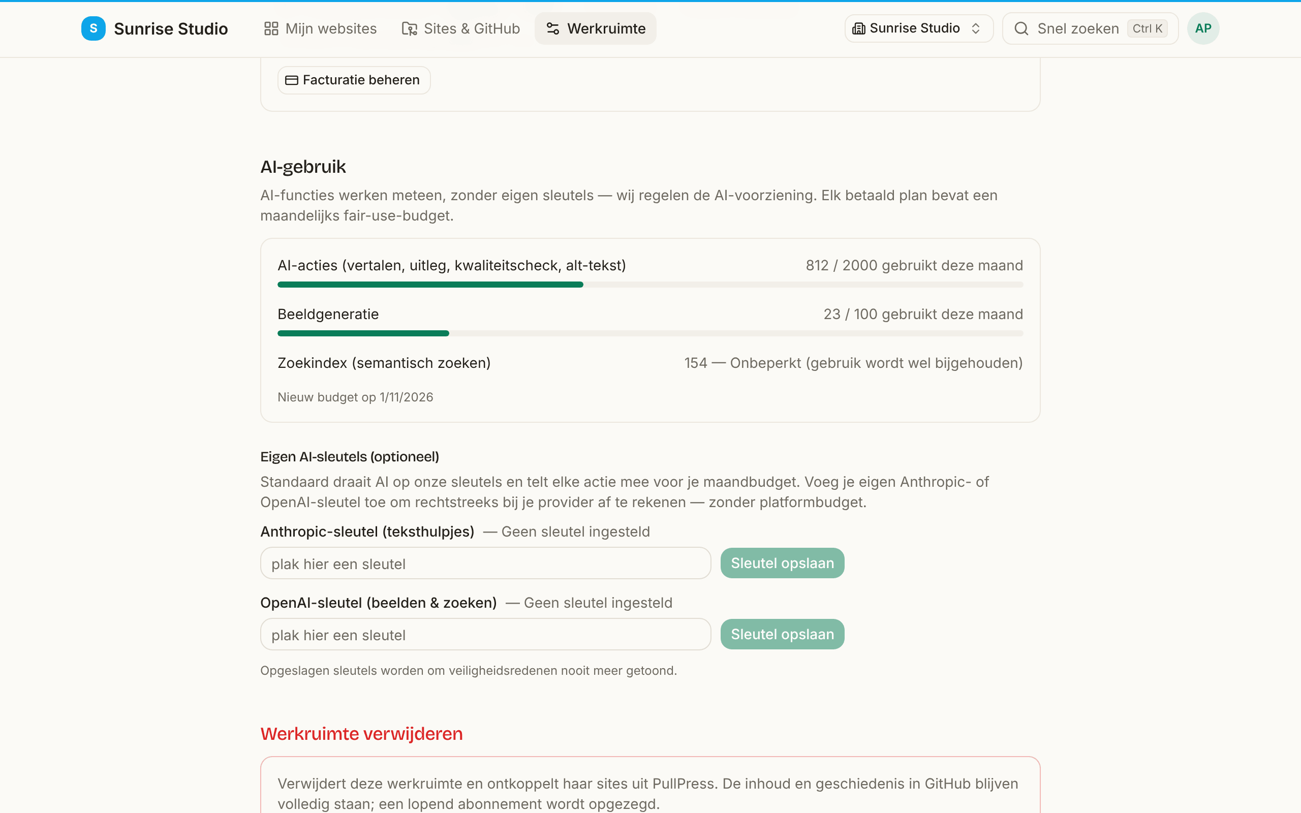 Werkruimte-instellingen → AI-gebruik: meters voor AI-acties, het genereren van afbeeldingen en de zoekindex ten opzichte van het maandbudget van het abonnement, met velden om je eigen sleutels van Anthropic en OpenAI te bewaren
