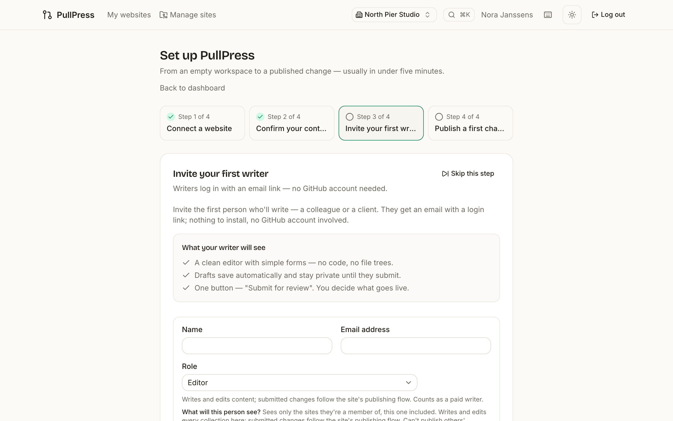 The “Set up PullPress” wizard on step 3 of 4, Invite your first writer: a name, email and role form plus a “What your writer will see” explainer, with a Skip this step link