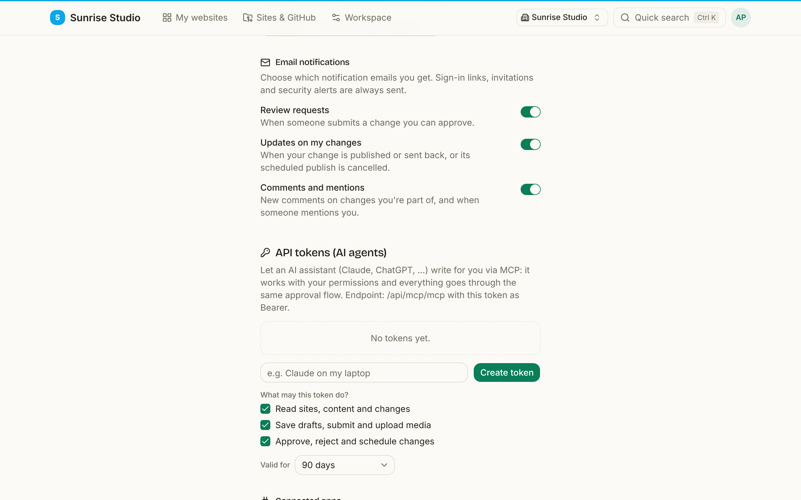 The Email notifications section of the profile with three switches, all on: Review requests, Updates on my changes, and Comments and mentions, each with a one-line explanation
