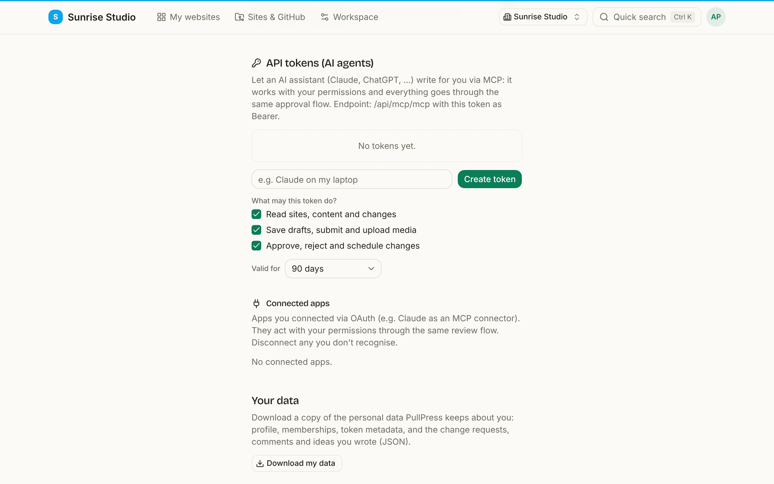 The API tokens (AI agents) section of the profile: an explanation of the MCP endpoint, an empty token list, a name field with a Create token button, three permission checkboxes (read; save drafts, submit and upload media; approve, reject and schedule), a Valid for dropdown set to 90 days, and below it the Connected apps list