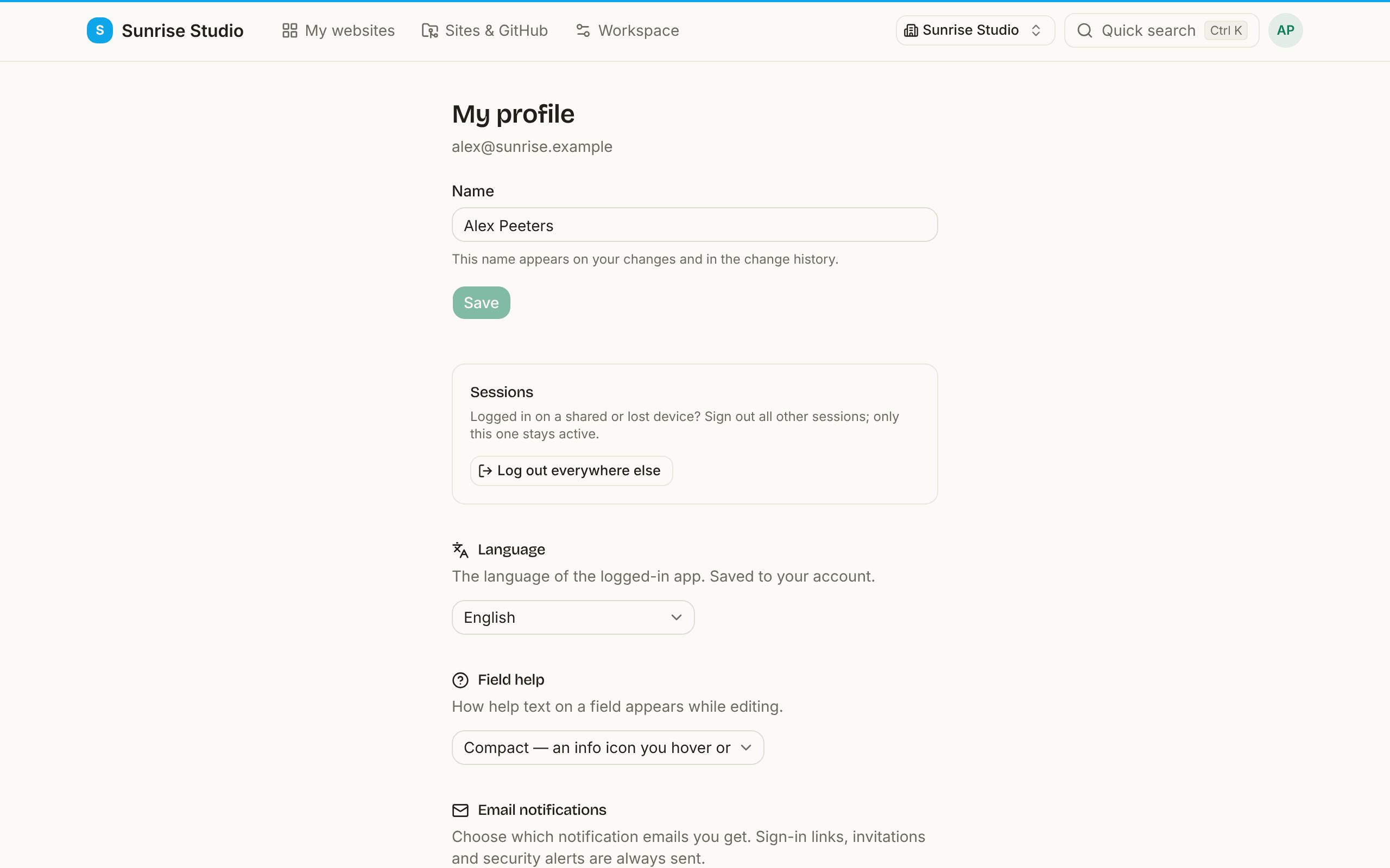 The My profile page: a Name field with Save, a Sessions box with Log out everywhere else, a Language dropdown set to English and a Field help dropdown