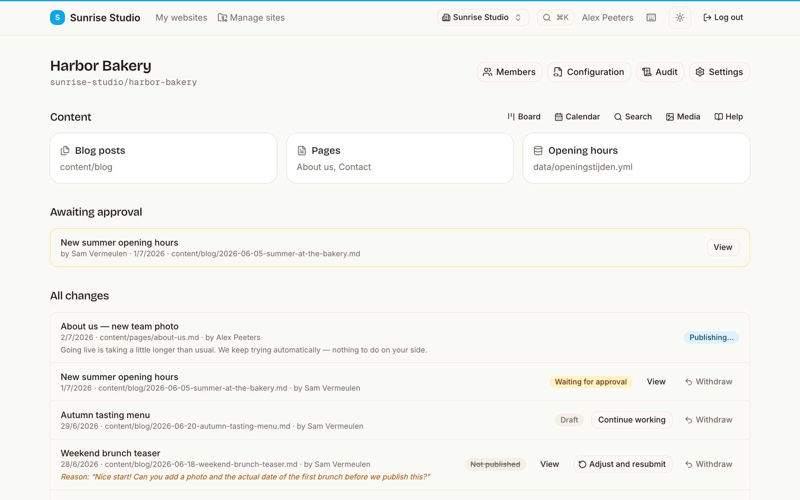 A configured site's overview page: the Blog posts, Pages and Opening hours collections as cards, quick links to Board, Calendar, Search, Media and Help, an Awaiting approval queue and the full change list with statuses