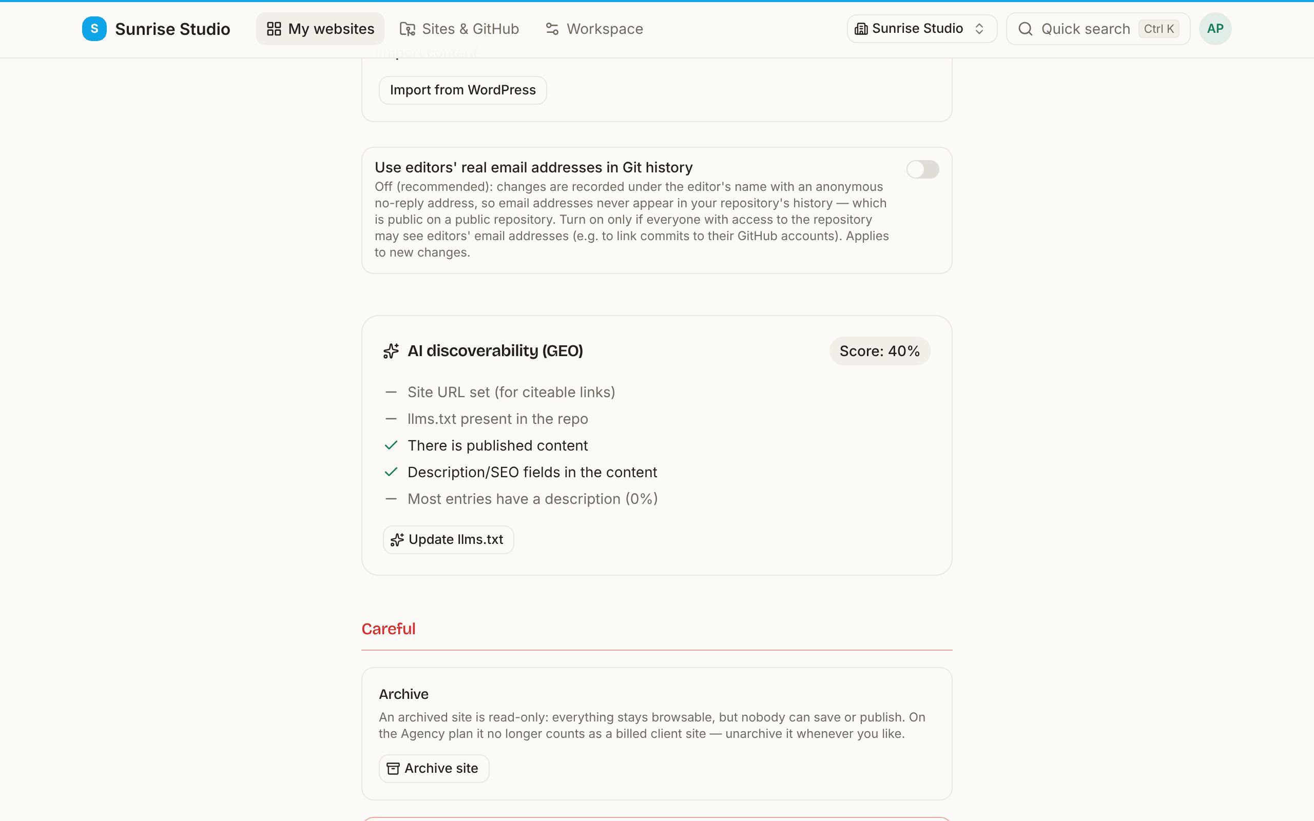 The Careful section of site settings: Archive site, a red Disconnect site button, the switch to use editors' real email addresses in Git history, and the start of the AI discoverability (GEO) checklist with its score