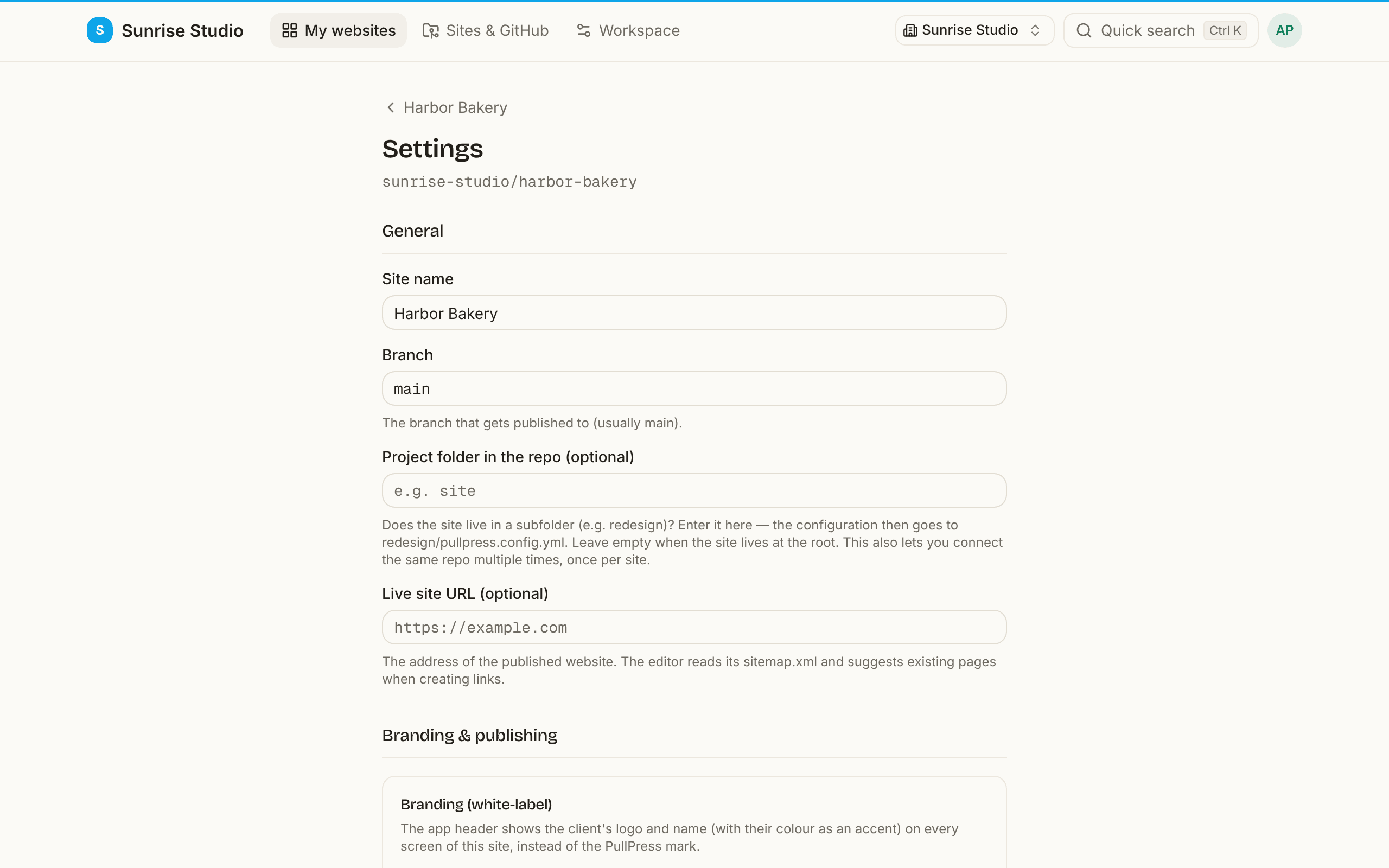 The top of a site's Settings page: General with Site name, Branch (main), an optional Project folder in the repo and an optional Live site URL