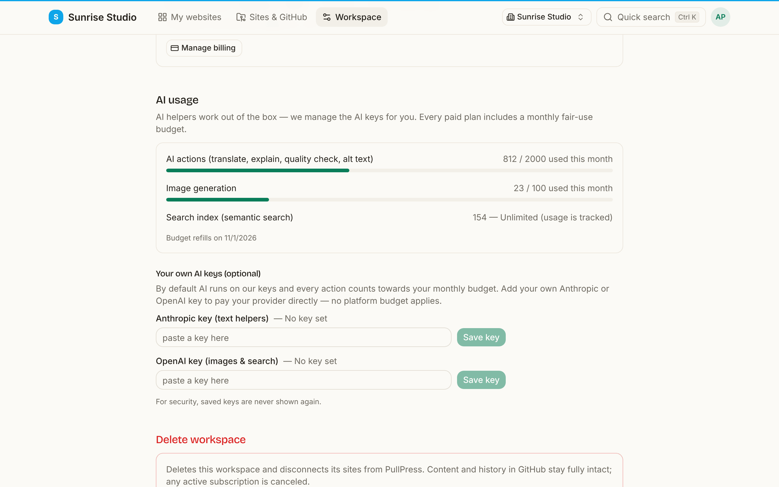 Workspace settings → AI usage: meters for AI actions, image generation and the search index against the plan's monthly budget, with fields to store your own Anthropic and OpenAI keys