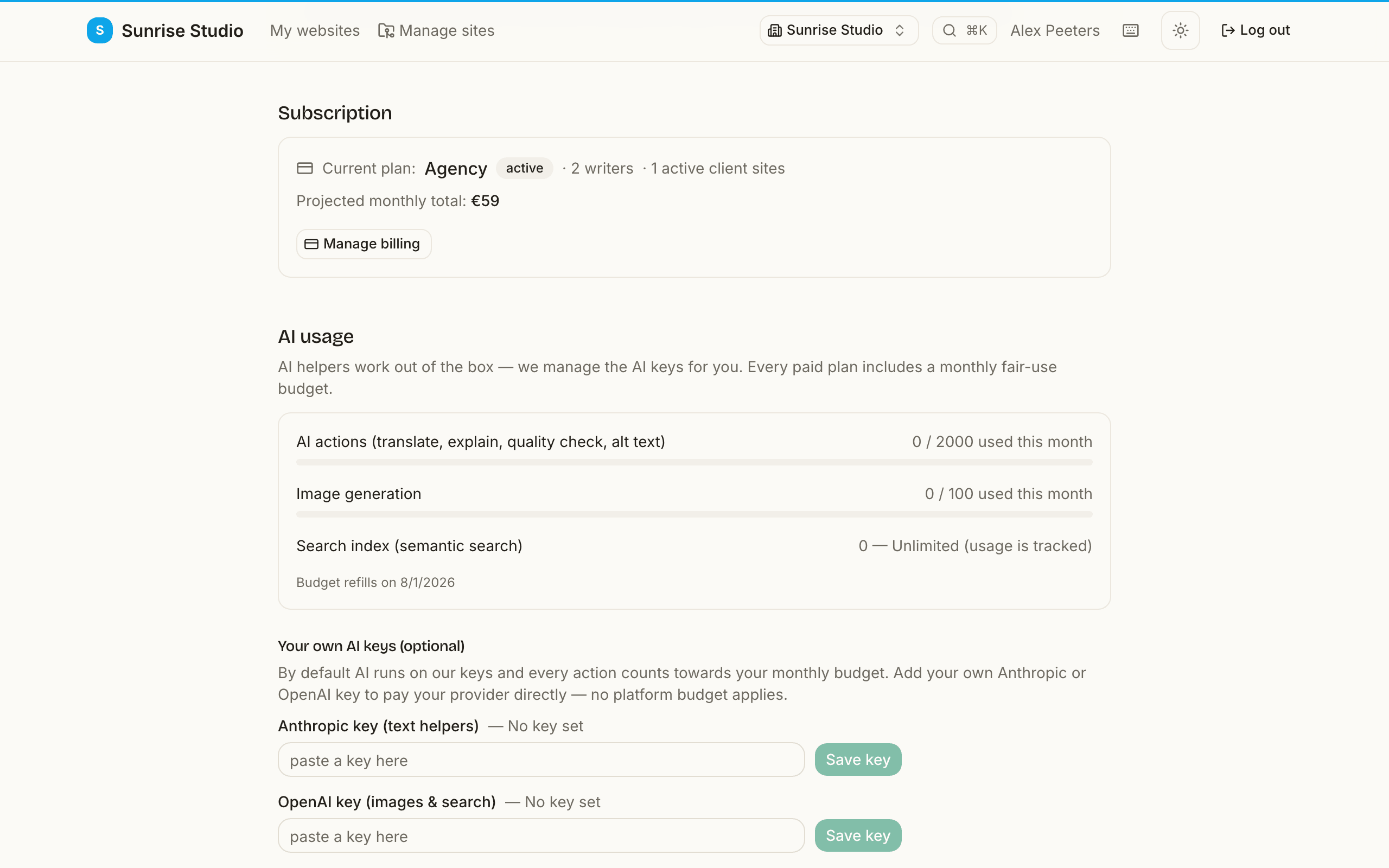 Workspace settings, Subscription panel: current plan Agency (active) with 2 writers and 1 active client site, a projected monthly total of €59 and a Manage billing button — followed by the AI usage meters
