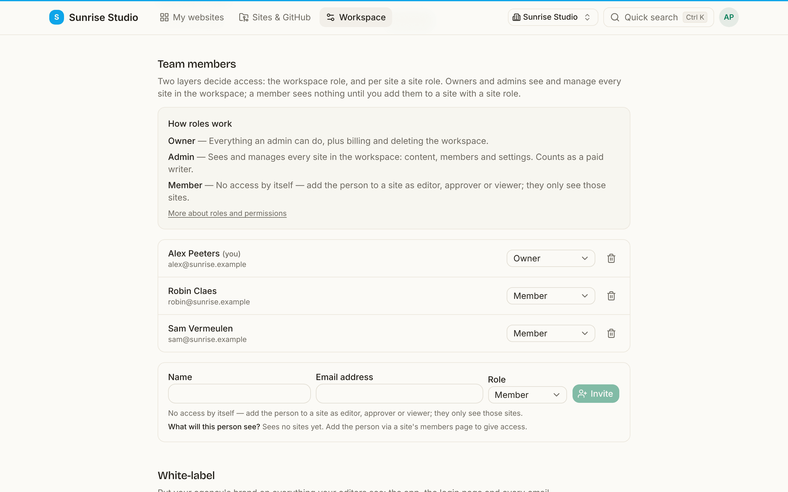 Workspace settings, Team members: a How roles work box (Owner, Admin, Member), the member list with a role dropdown and remove button per person, and an invite row with name, email address and role