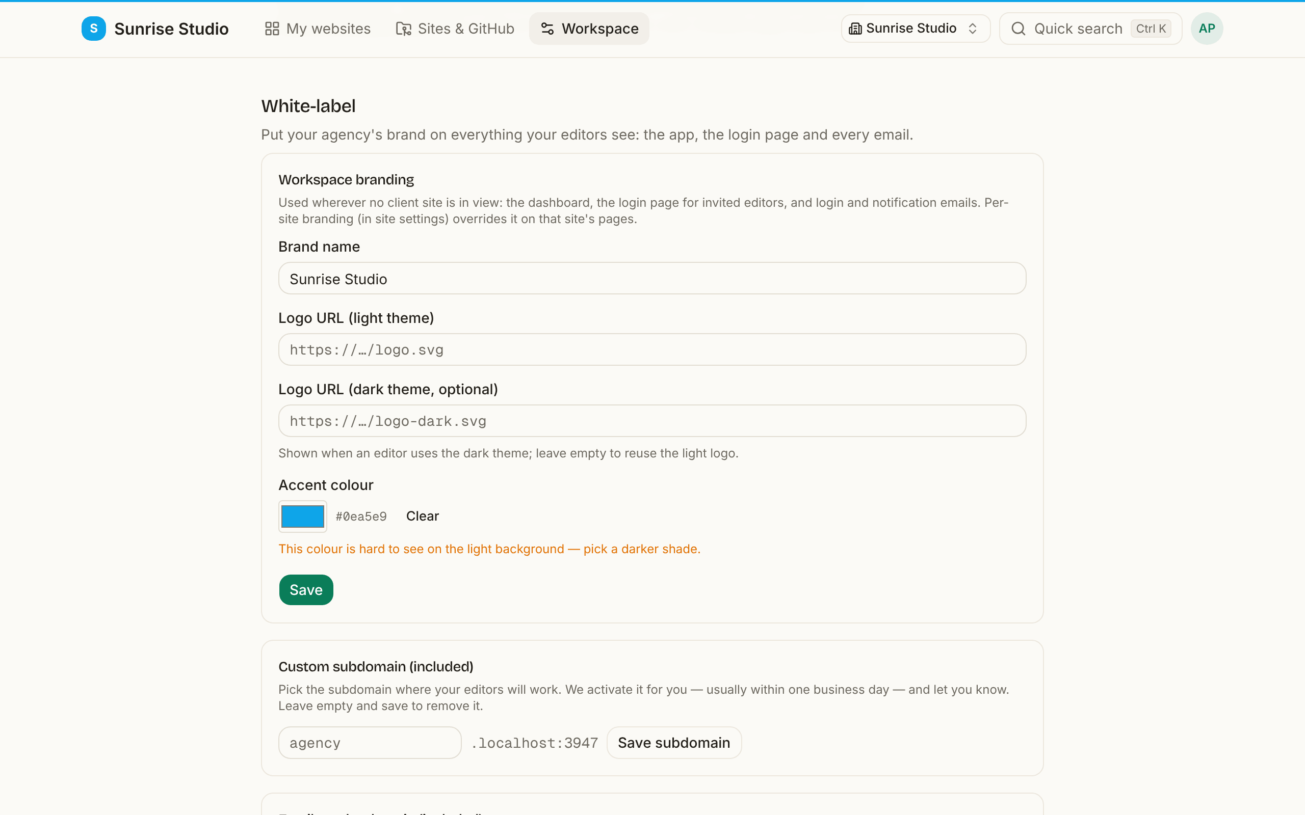 Workspace settings → White-label: workspace branding fields (brand name, light and dark logo URLs) below the workspace member list