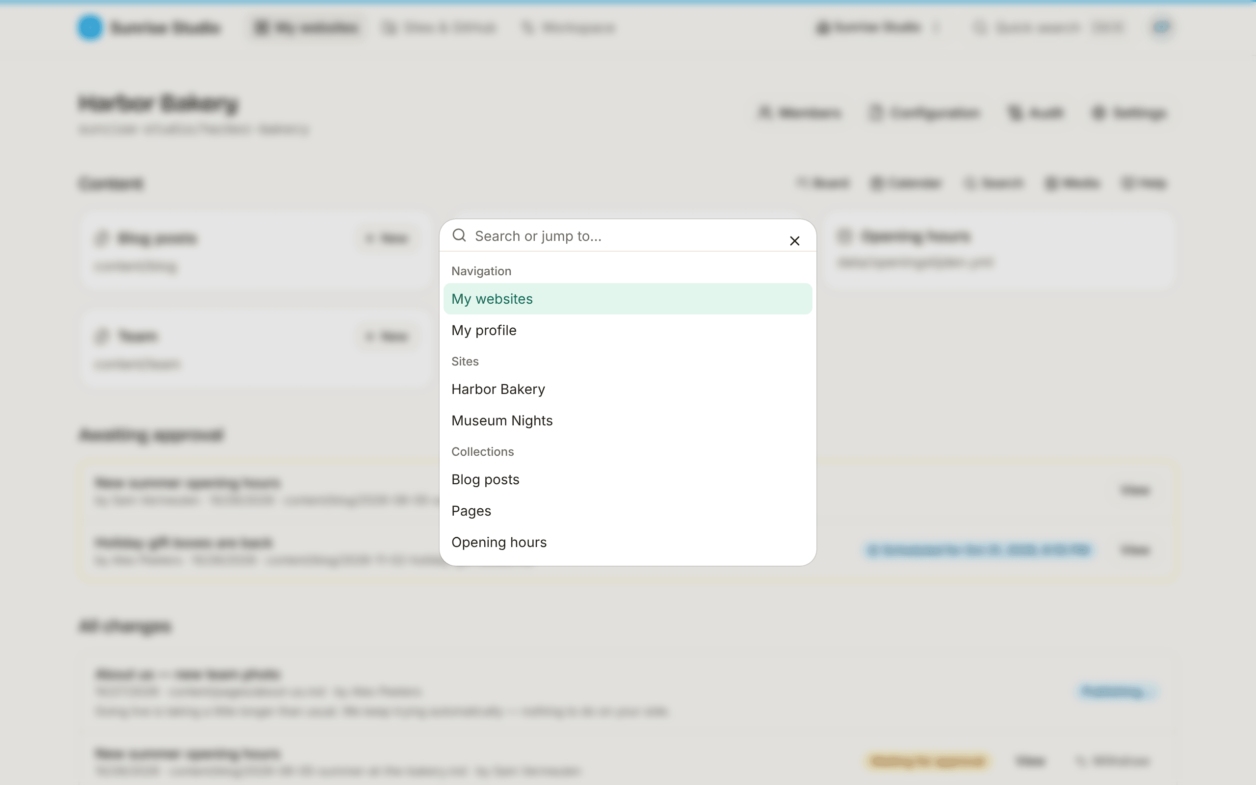 The command palette over a blurred site page: a “Search or jump to…” box with groups for Navigation (My websites, My profile), Sites and Collections