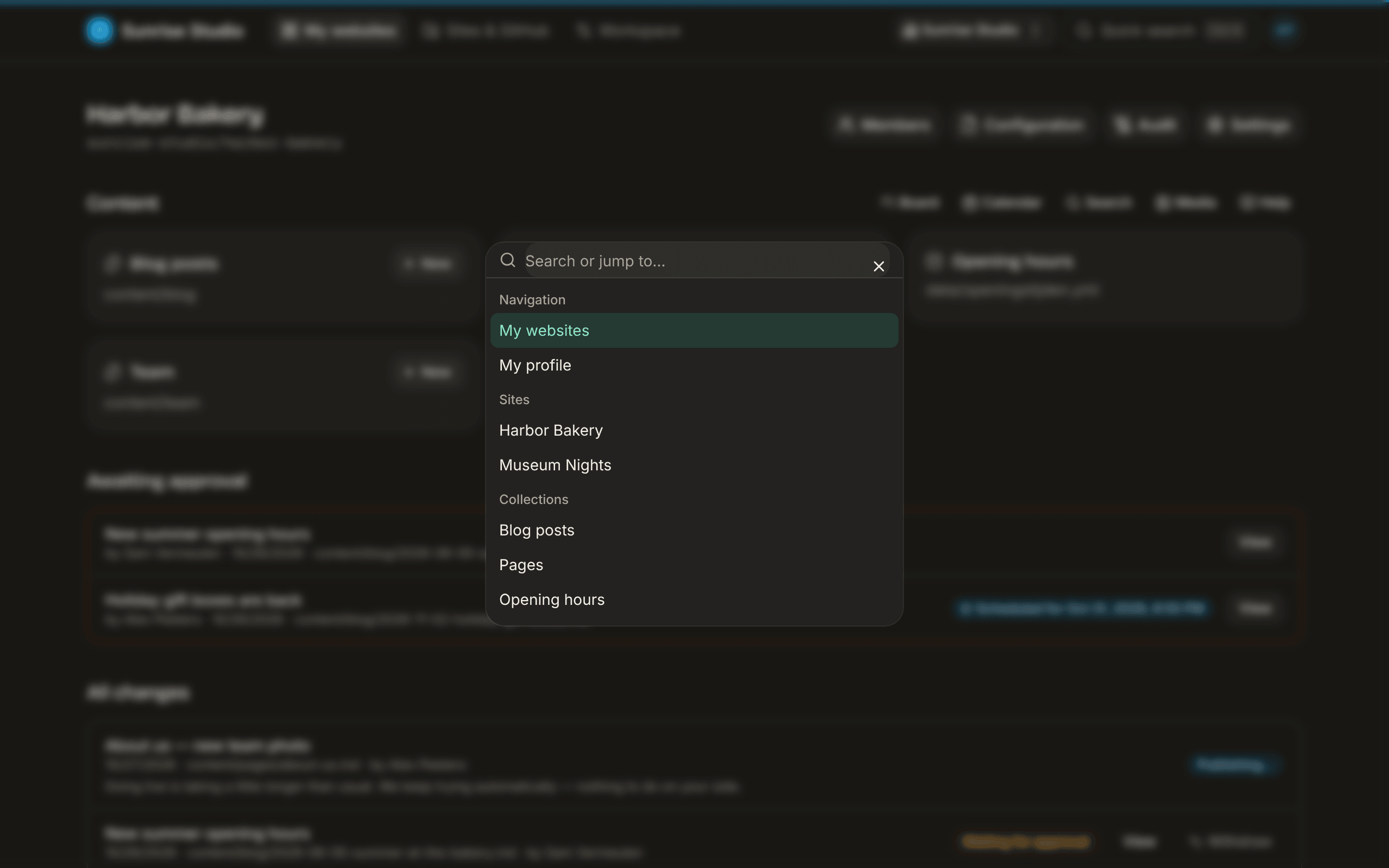 The command palette over a blurred site page: a “Search or jump to…” box with groups for Navigation (My websites, My profile), Sites and Collections